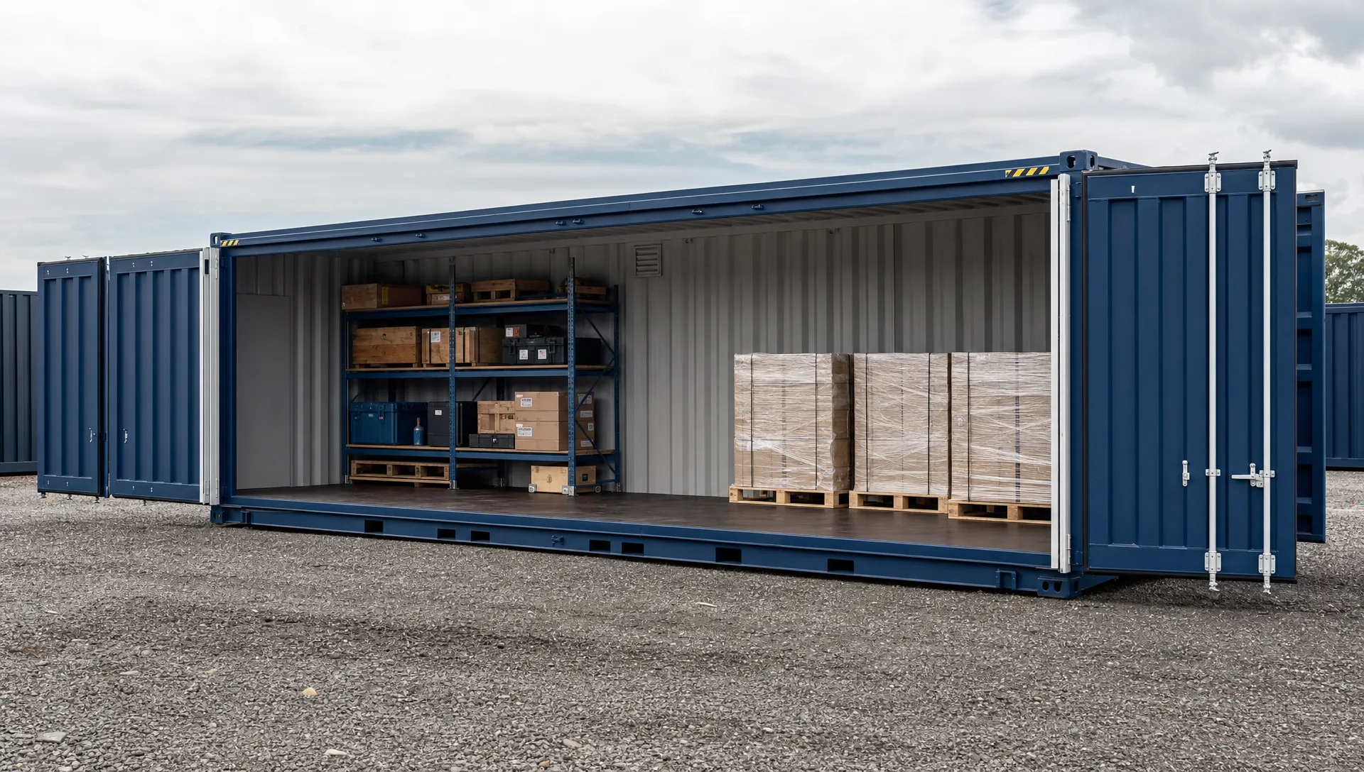 A side opening container stands level on gravel with its long doors folded back, exposing pallet storage, shelving, and an open loading area.