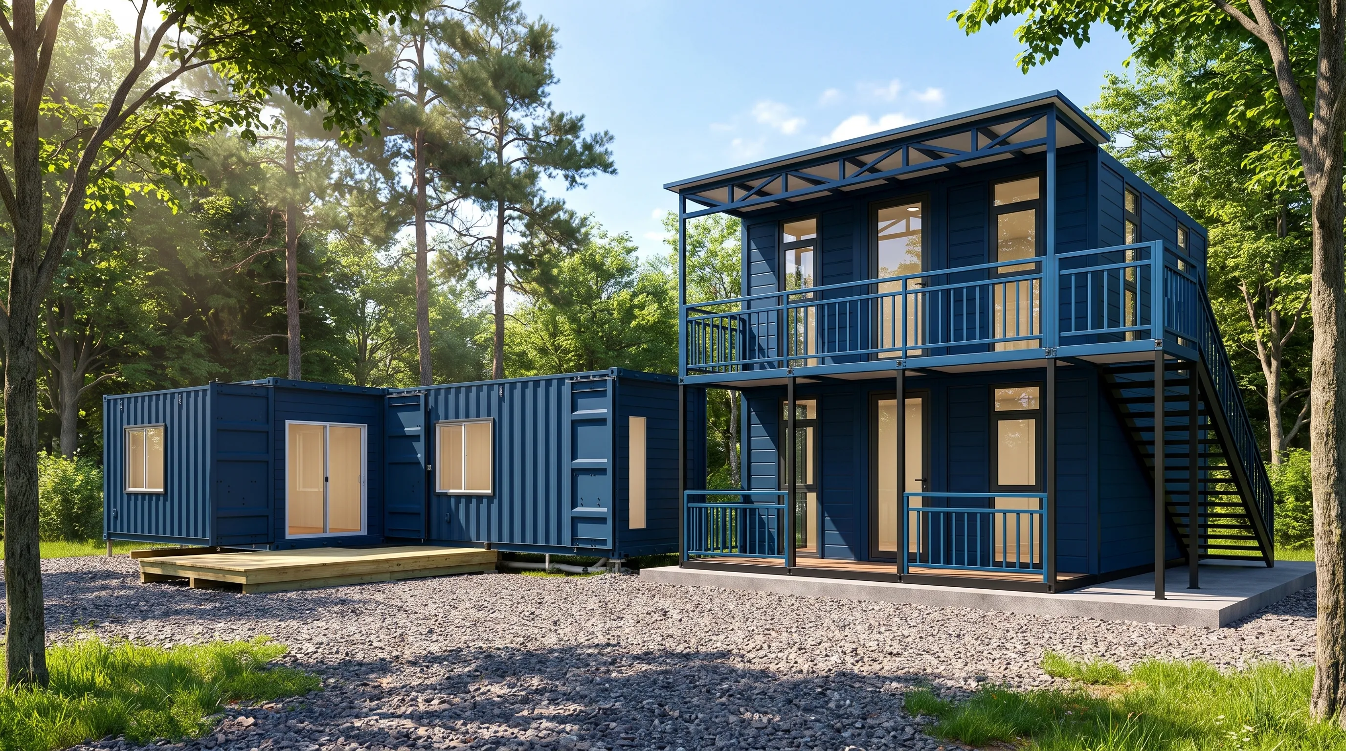 A single-story container home and a two-story modular villa sit on prepared sites with visible entries, windows, and balcony details.