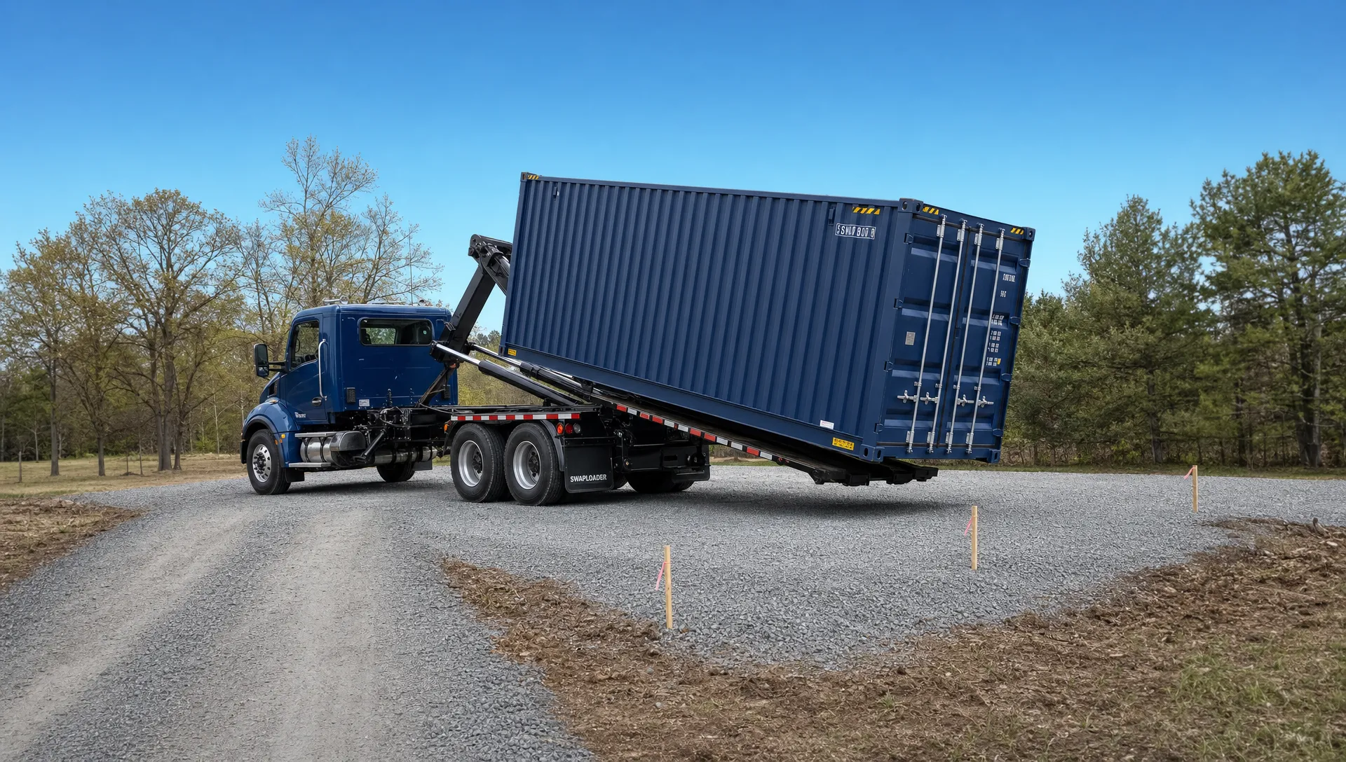 A tilt-bed truck placing a 20ft shipping container onto a prepared gravel pad beside marked corner stakes, with clear overhead space and a straight driveway approach.
