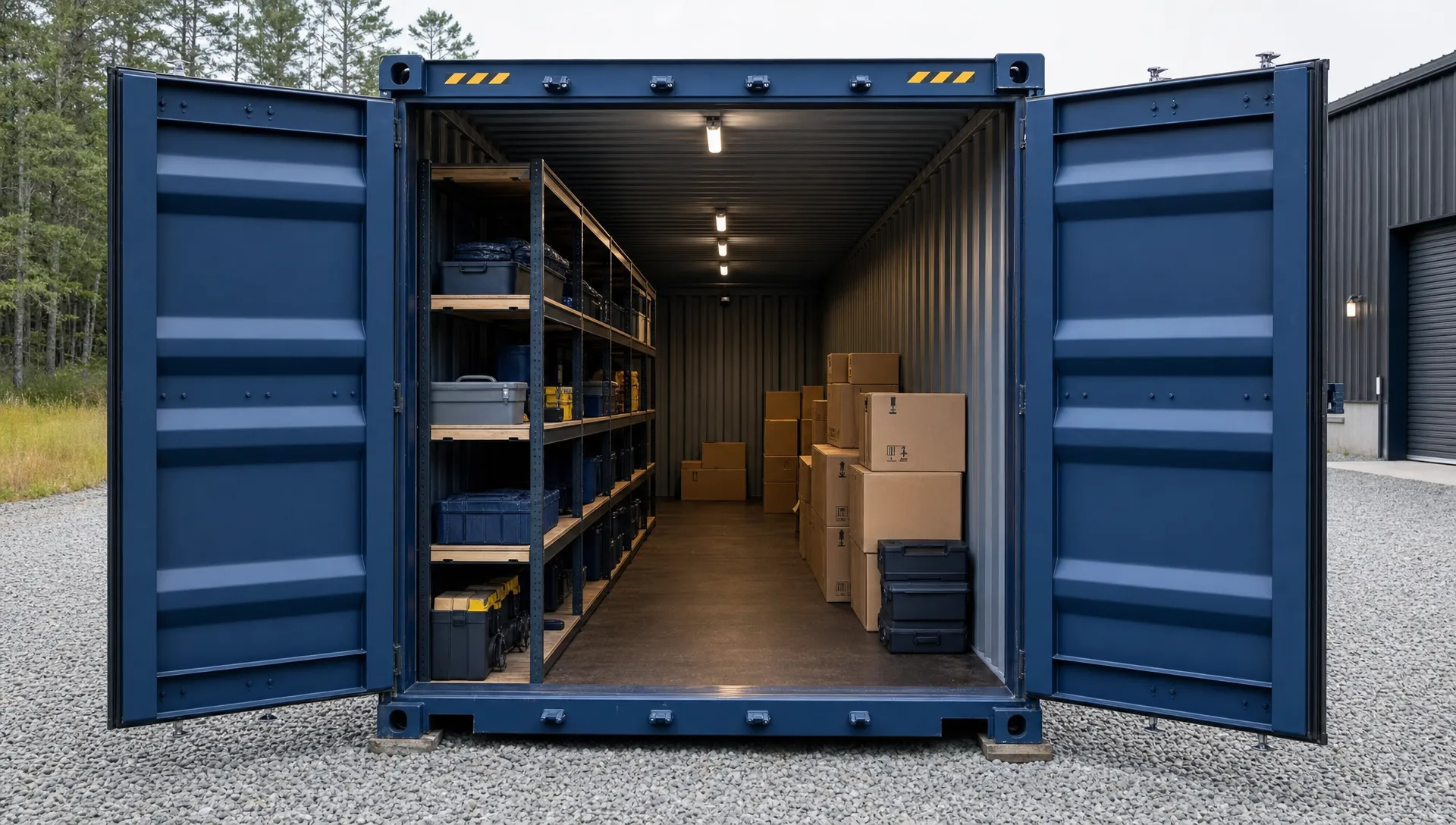 20 foot container size shown on a gravel pad with the doors open, a clear interior aisle, shelving along one wall, and storage boxes stacked to show usable floor space.
