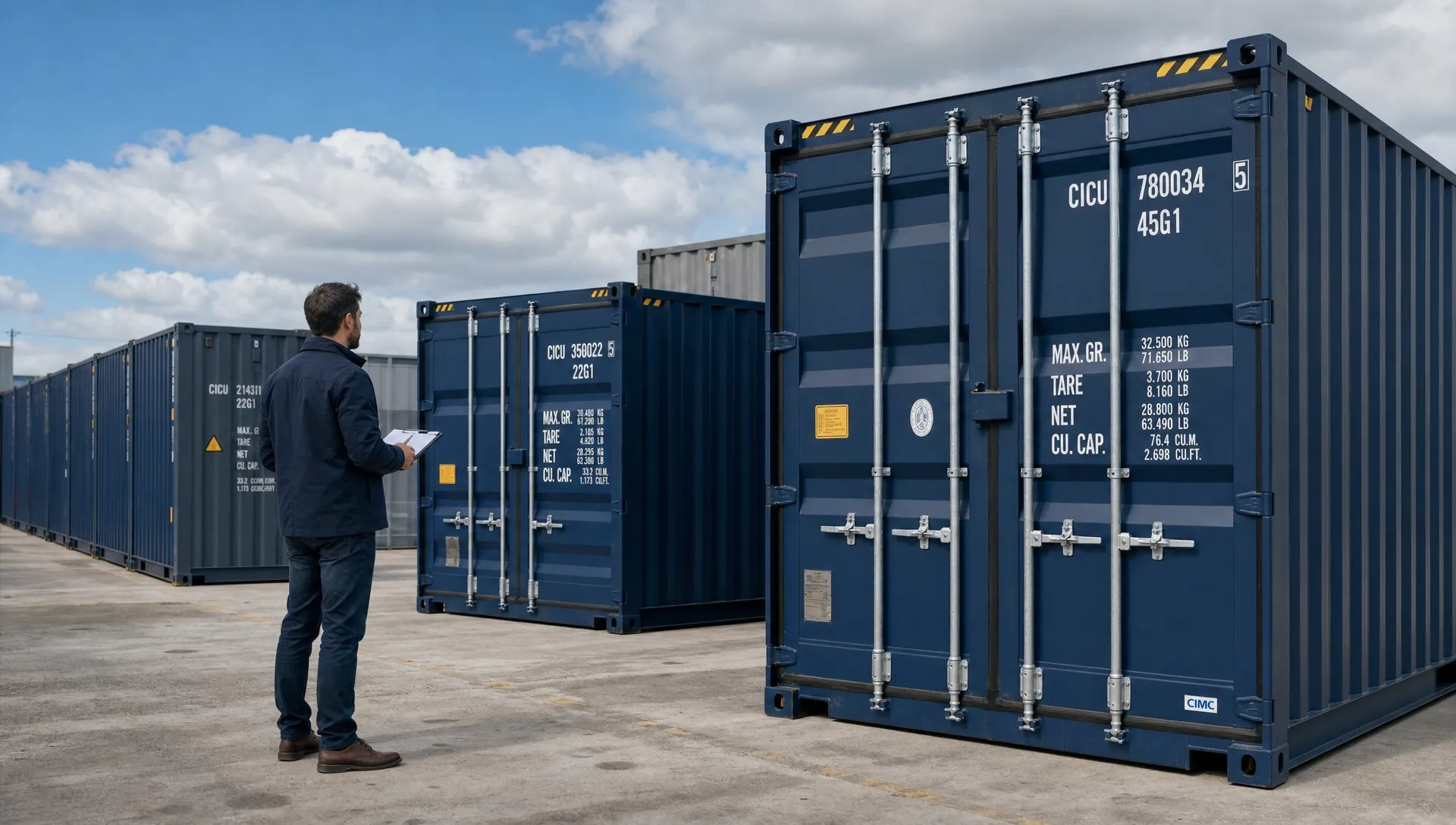 A business buyer standing near a row of 20ft and 40ft shipping containers in an outdoor yard, comparing the units before deciding which storage container to buy.