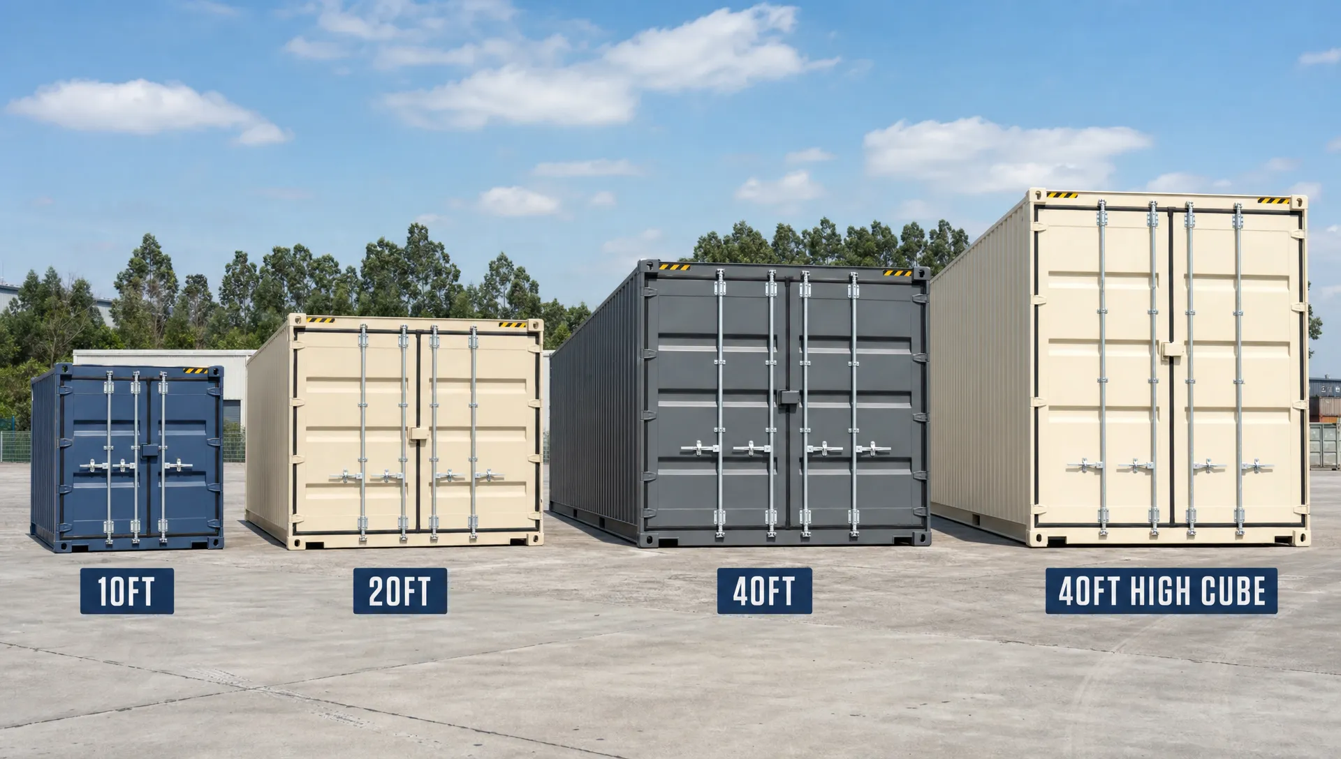 A row of shipping containers in different lengths and heights arranged side by side in an open yard, including a 10ft, 20ft, 40ft, and high cube unit, with the size differences clearly visible.