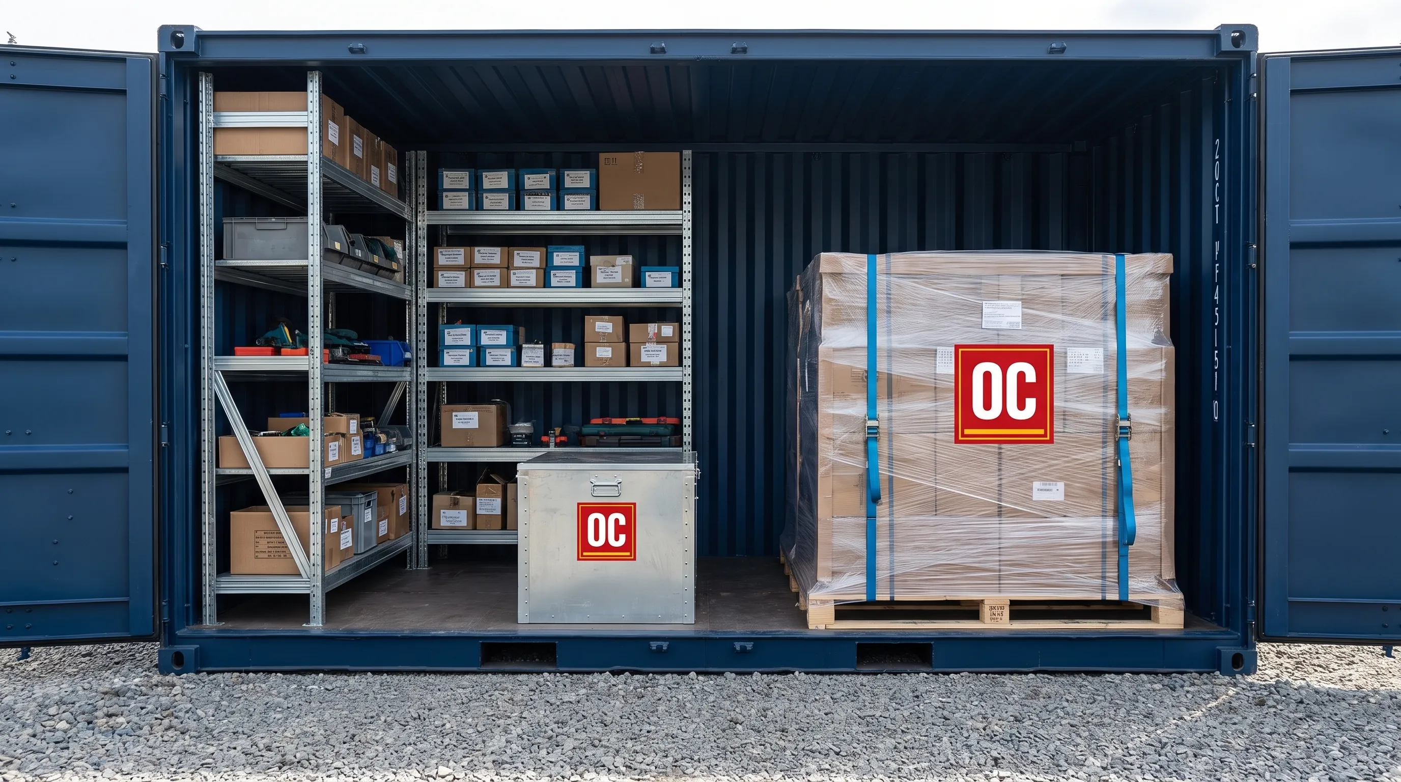 Tall storage shelves and a palletized load fit beneath the roof of a 20ft high cube container on a level gravel pad.