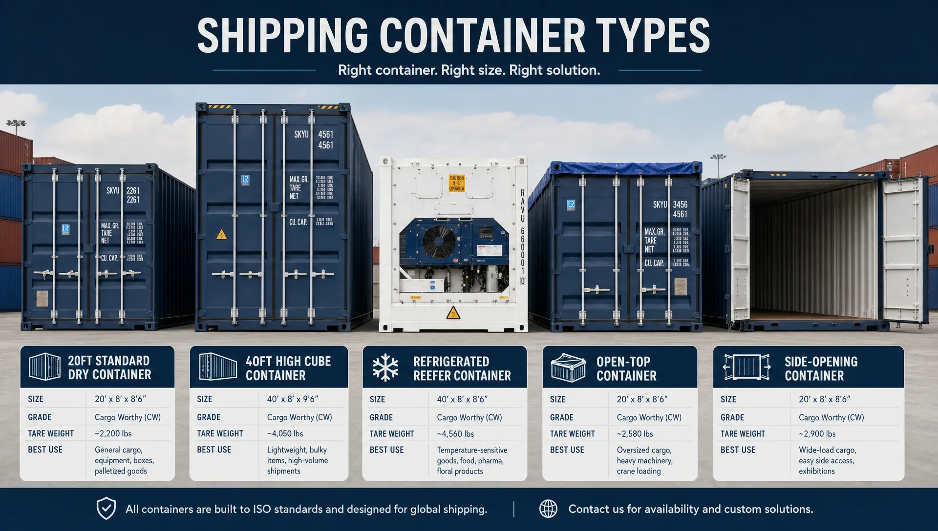 A side by side yard display of container types in shipping, including a 20ft standard dry container, 40ft high cube container, refrigerated reefer, open-top container, and side-opening container, with labels showing size, grade, tare weight, and best use.