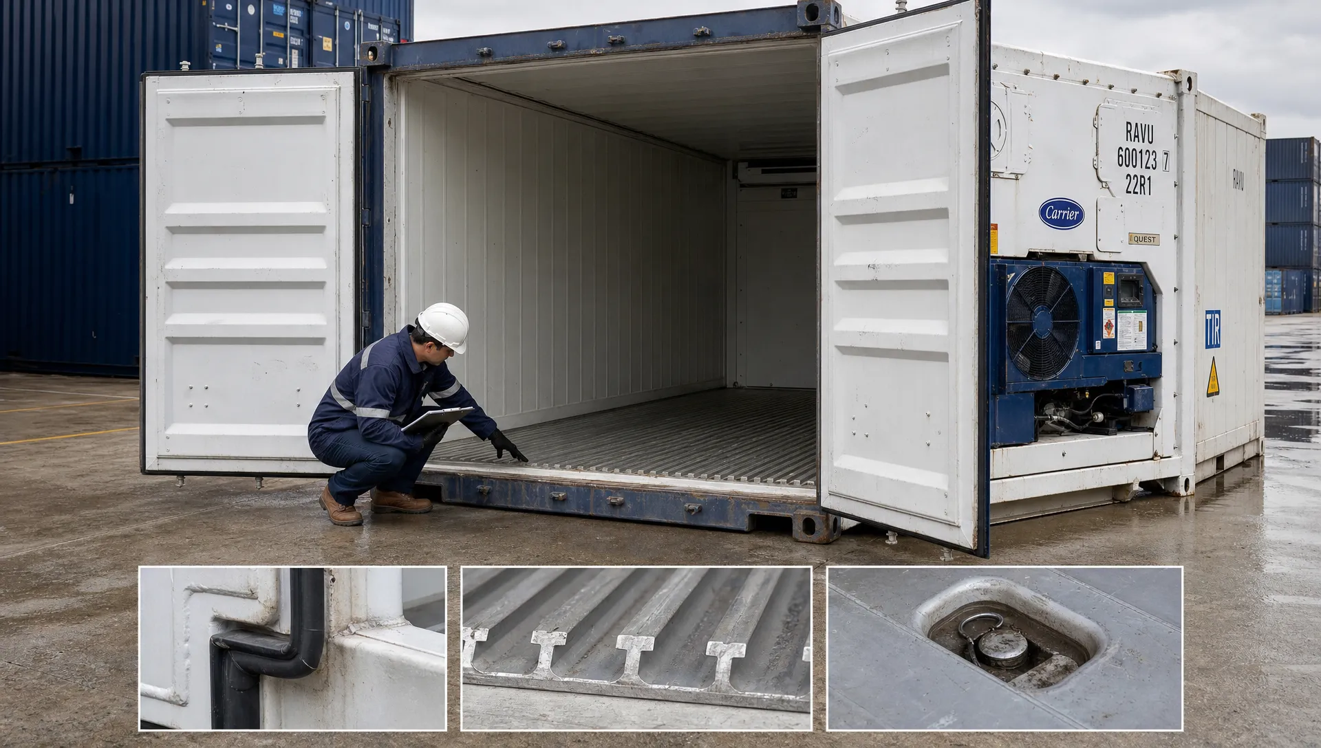 A used 20ft reefer container under inspection with open doors, showing the T-floor, door seals, drains and refrigeration unit.