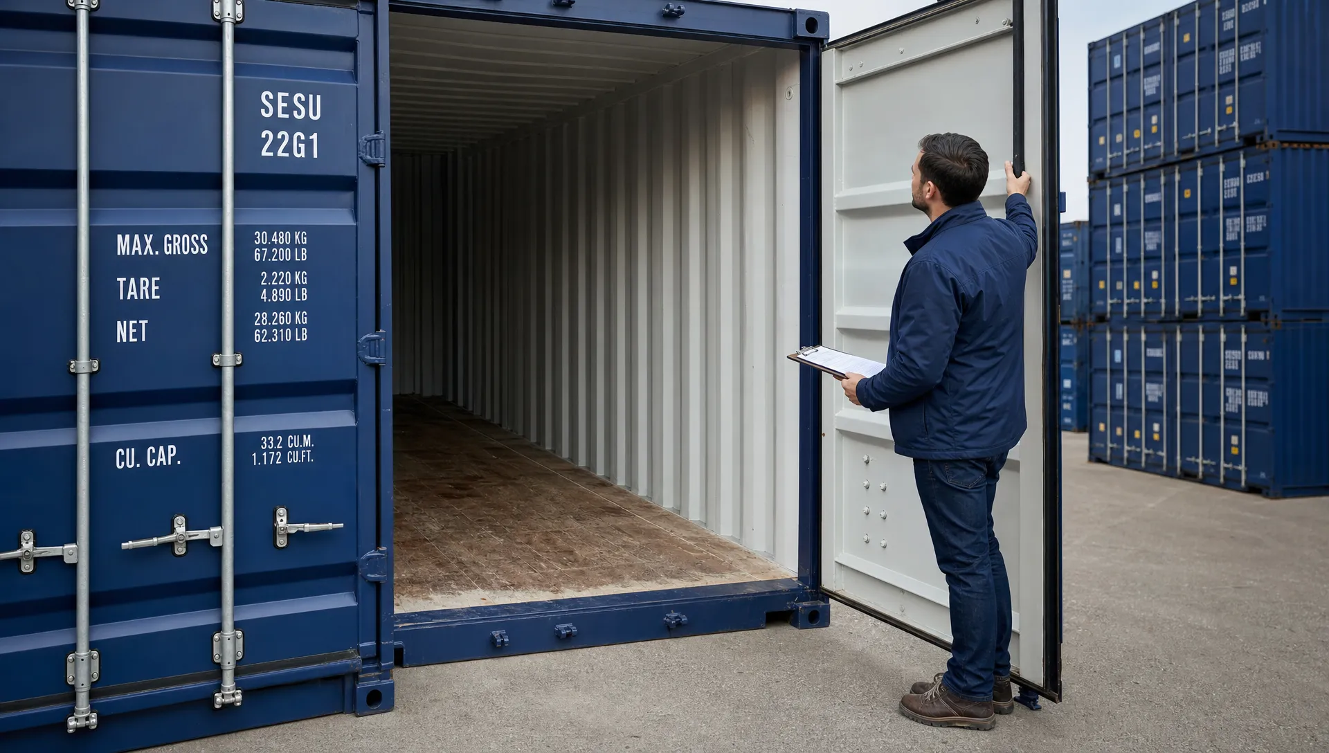 A buyer stands beside an open used shipping container, checking the doors, seals and plywood floor before buying.