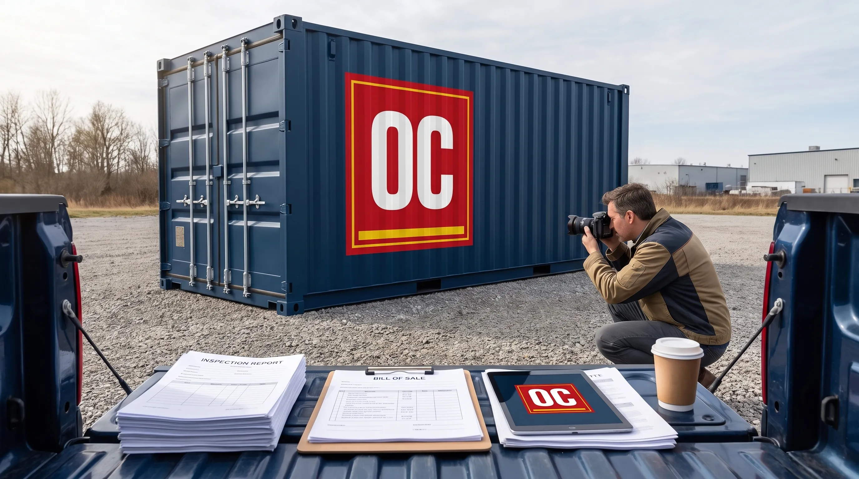 A seller photographs a 20ft shipping container on a gravel pad while paperwork and inspection notes sit on a tailgate nearby.