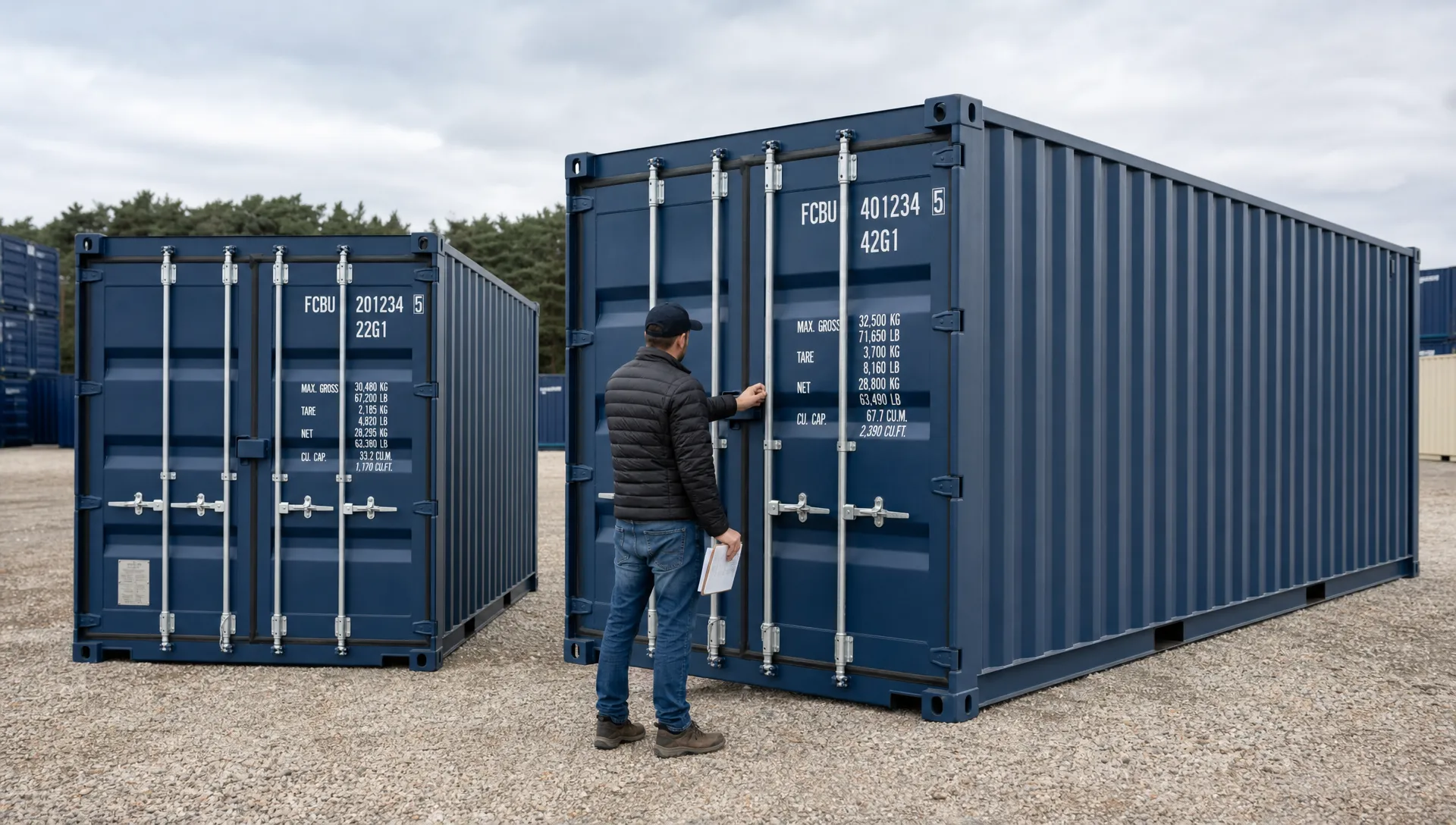 A buyer compares a 20ft and 40ft shipping container on a gravel lot, checking doors, corner castings and locking rods before buying.