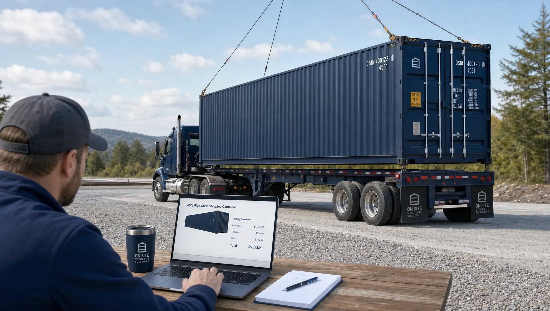 A delivery truck placing a 40ft high cube shipping container on a gravel pad while a buyer reviews the cost of a shipping container, with clear access space and level ground around the site.