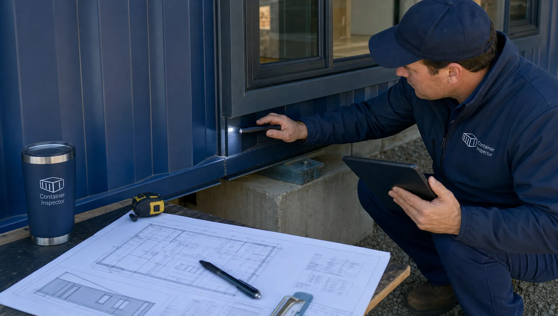 Exterior window framing, foundation connection, and plan sheets on the worktable during a container home inspection.