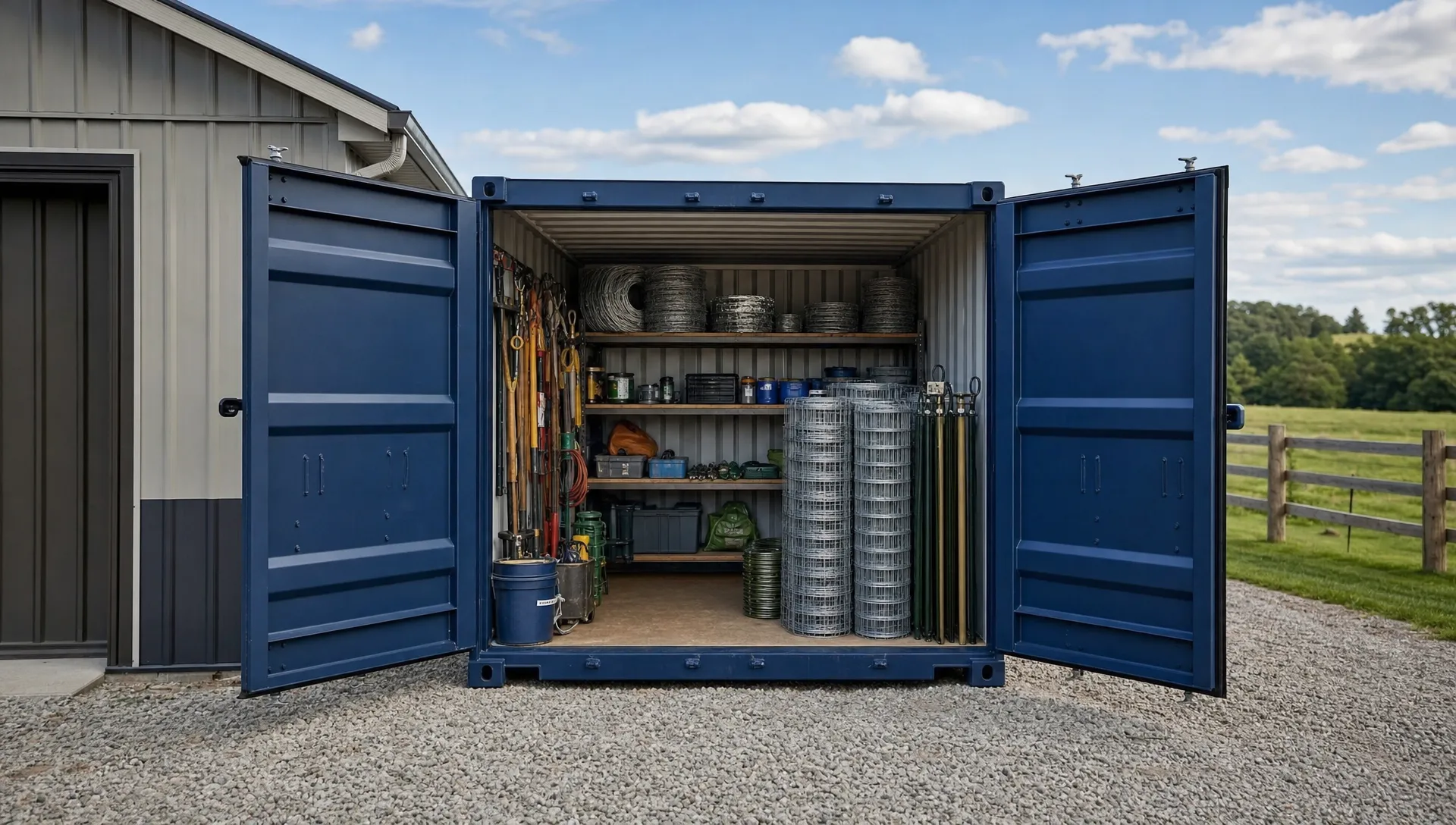 A level 20ft steel storage container on compacted gravel beside a farm shed, with both doors open to show organized tools and fencing supplies.