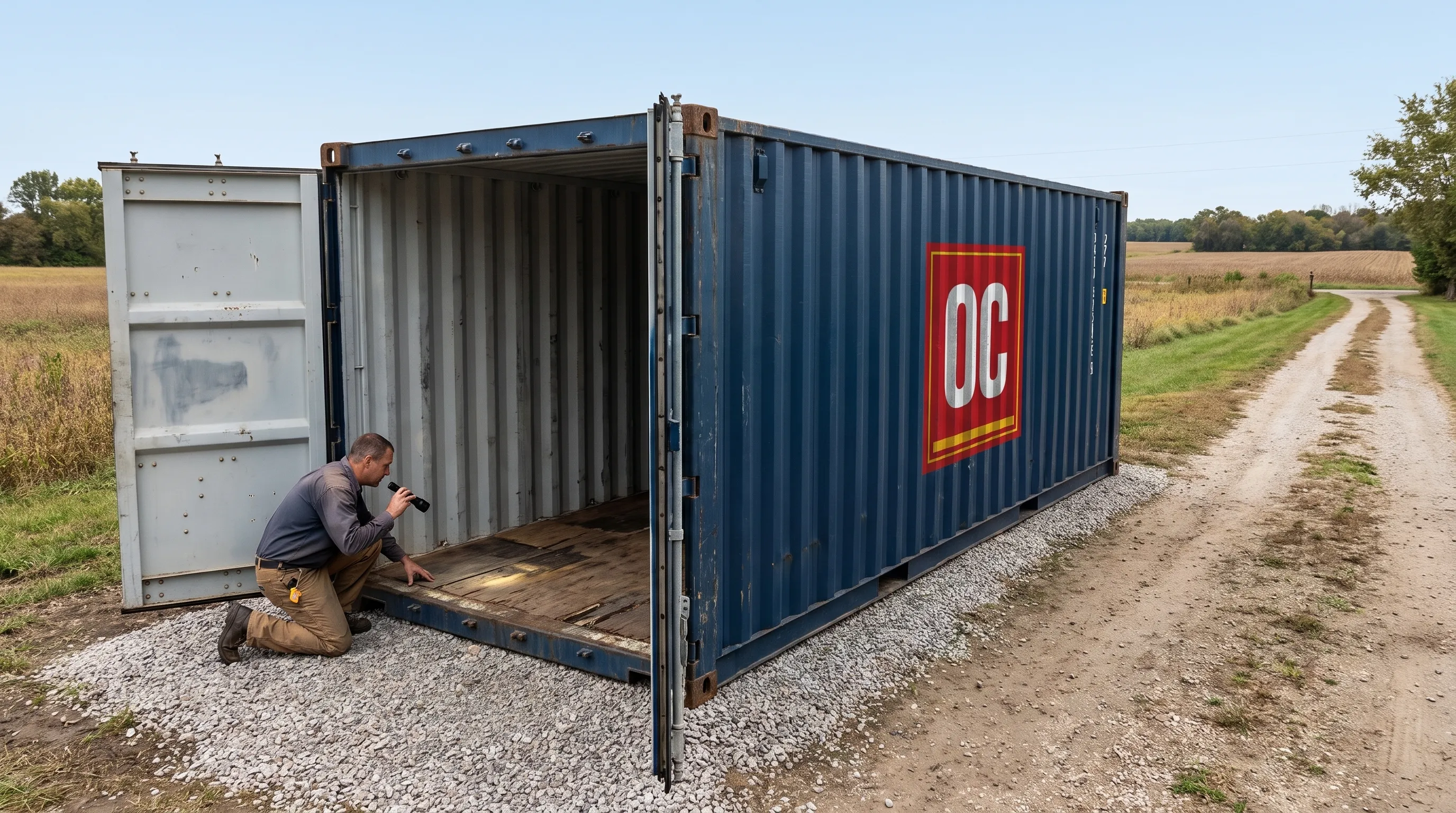 A blue 20ft used shipping container sits on a gravel pad by a rural driveway while a buyer inspects the doors and floor.