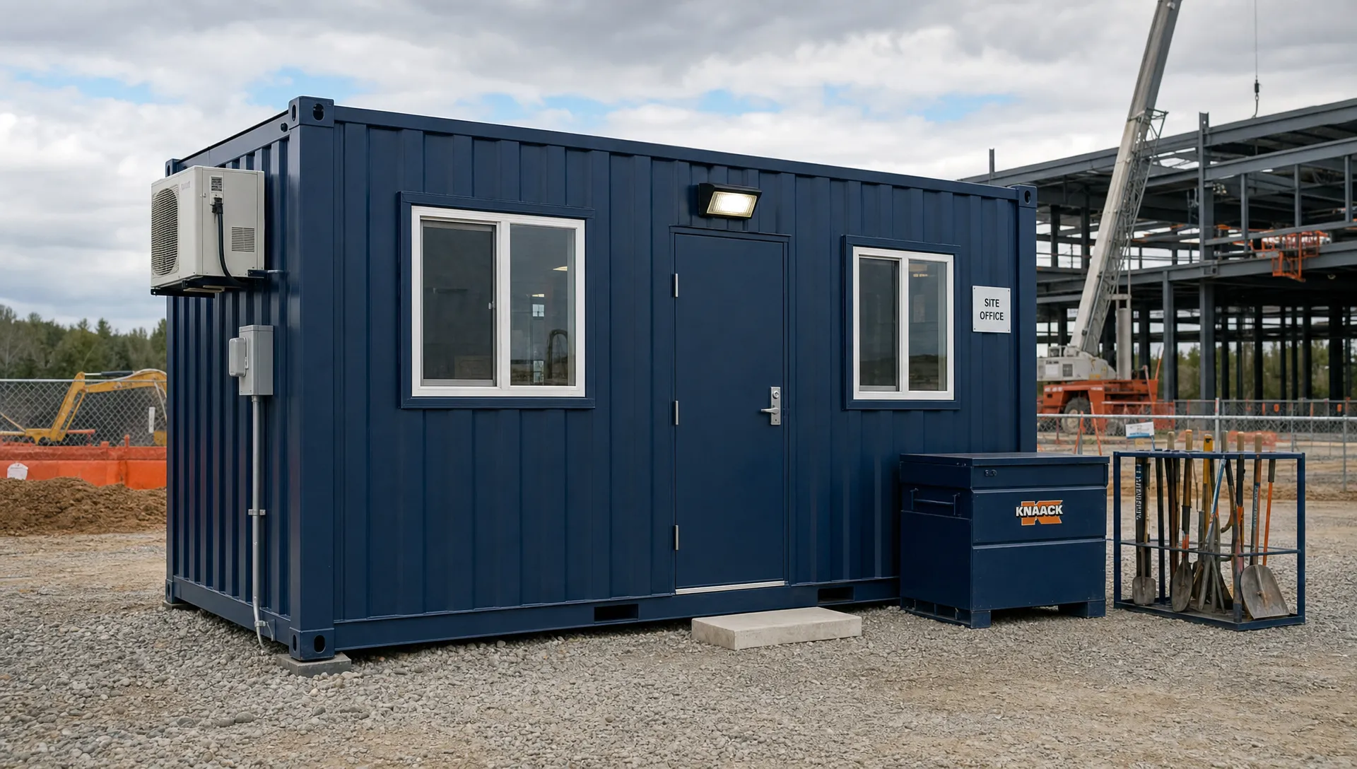 A prefab container office sits on a compacted gravel pad at a construction site with a personnel door, two windows, exterior light, HVAC unit and tool storage nearby.