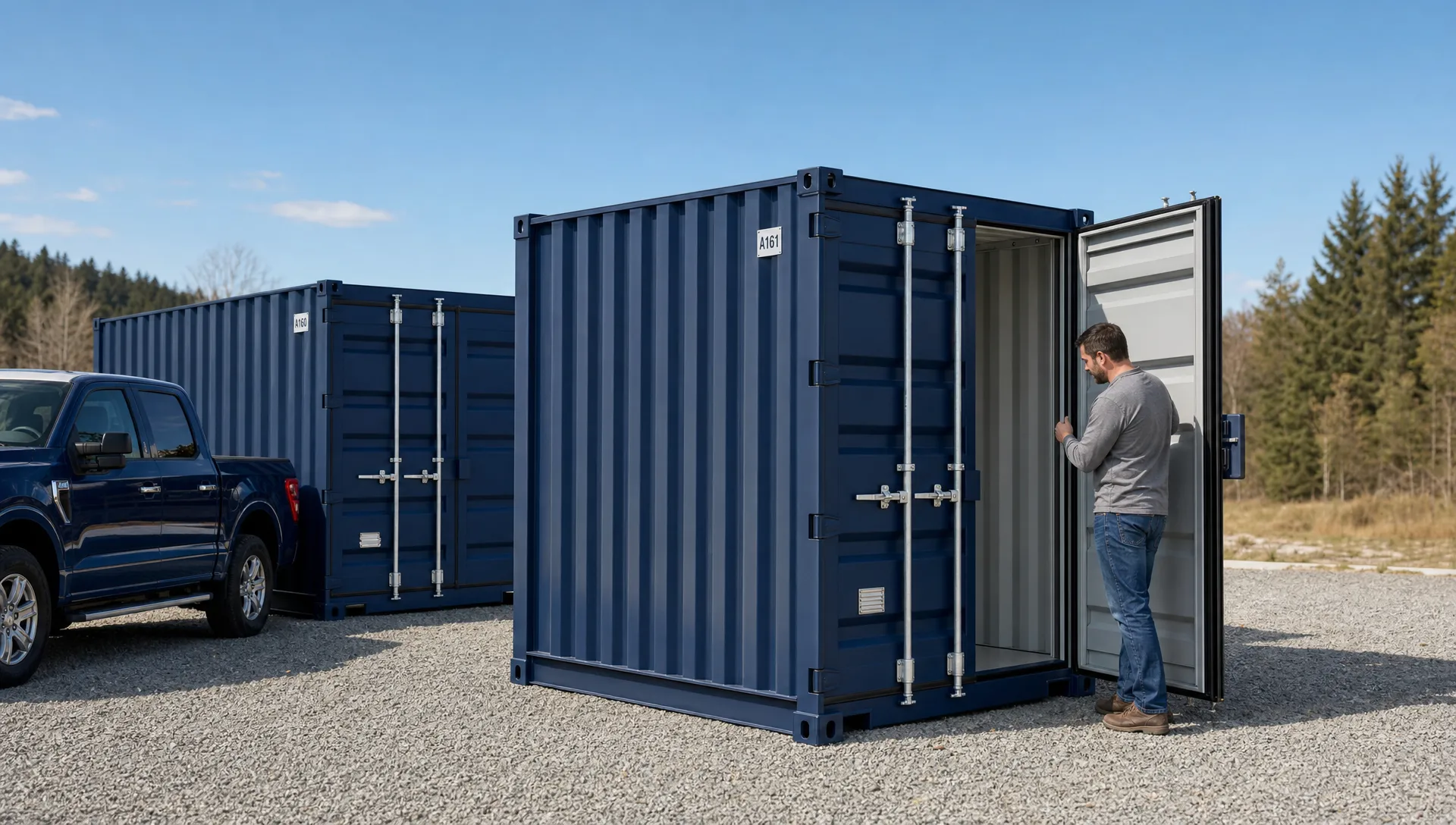 Storage containers for sale near me on a level gravel pad with a truck parked beside them, clear overhead space, and a homeowner checking the door seals.