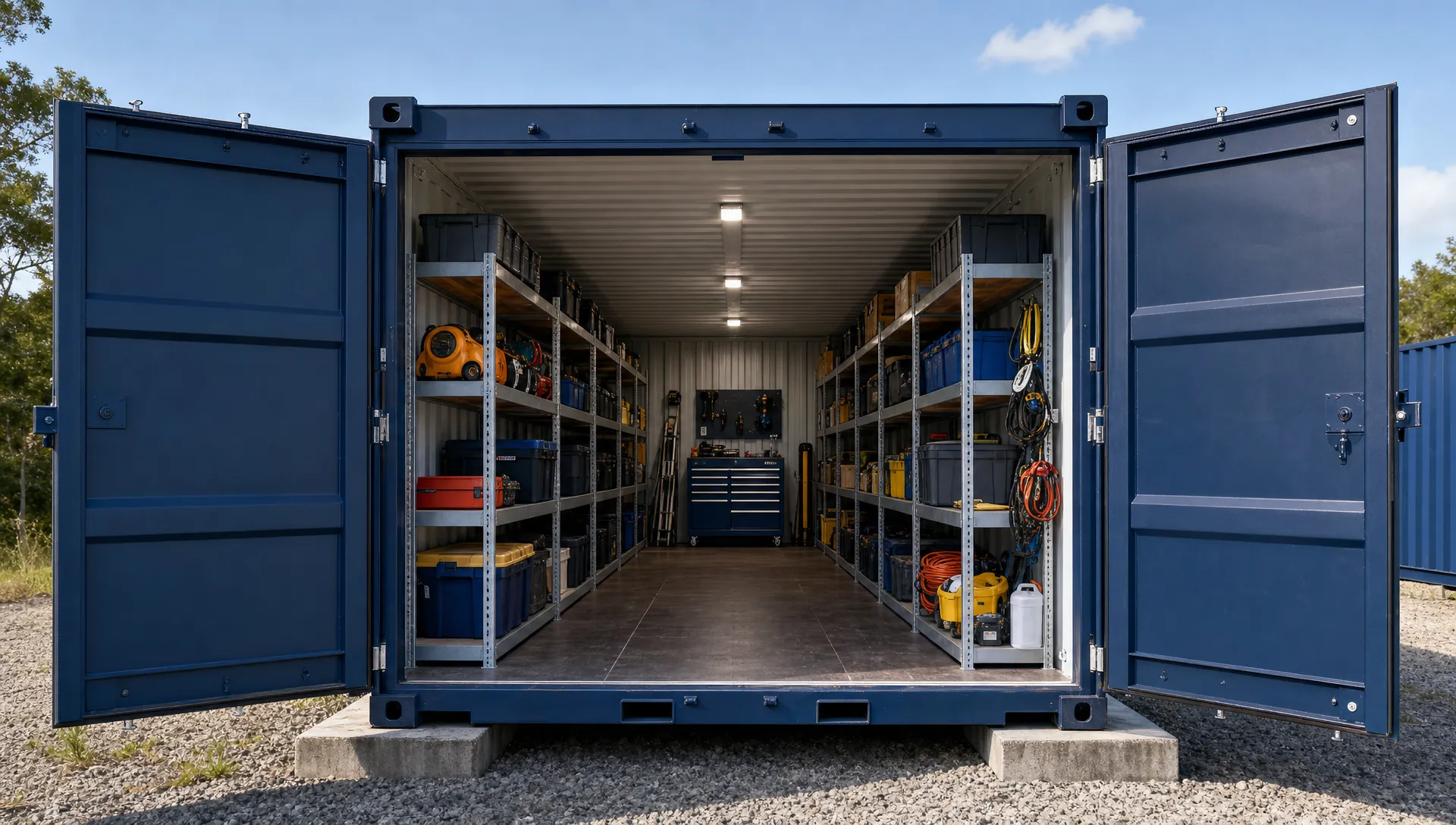 A double-door shipping container sits on concrete pads with both end doors open, shelves along the walls, and a clear aisle through the middle.