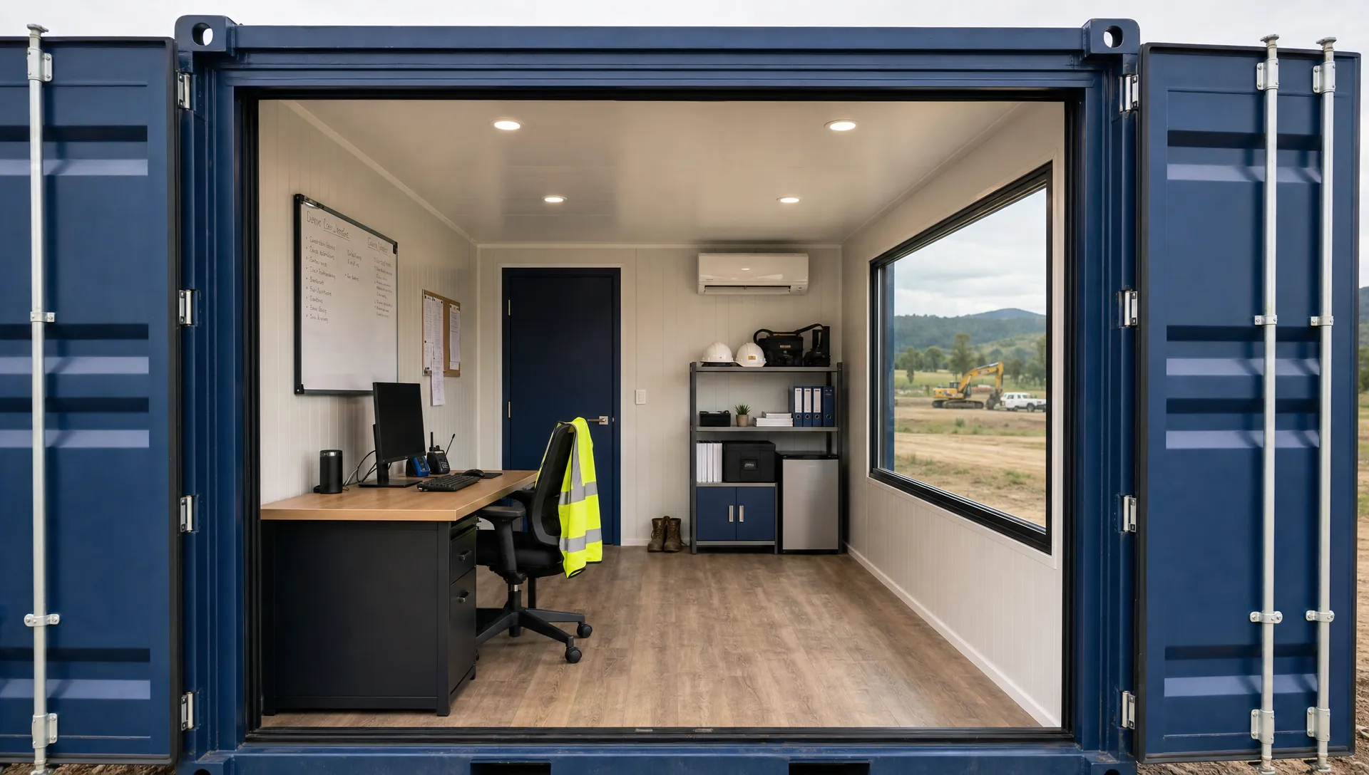 A finished shipping container office design inside a high cube steel container, shown from the open doorway with insulated walls, a desk area, storage shelves, a mini-split HVAC unit, and a large side window looking out to a rural job site.
