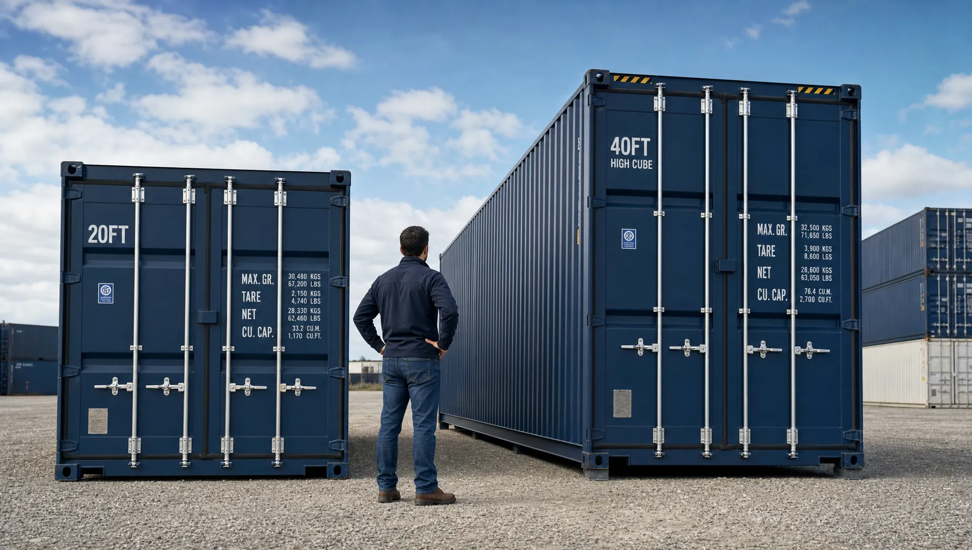 A buyer compares a 20ft standard container and a 40ft high cube container on a gravel lot, with their closed doors, corner castings, and support pads visible.