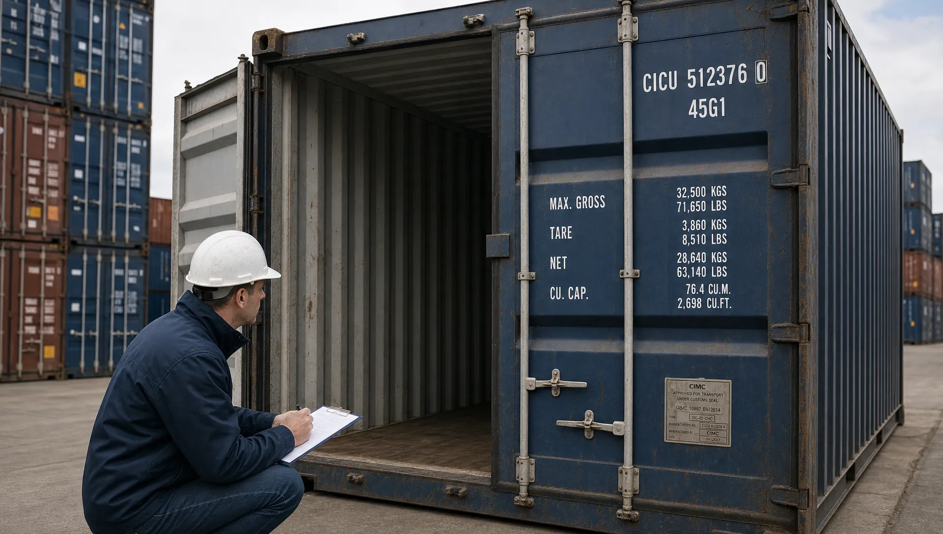 A buyer checking a used shipping container in a storage yard, inspecting the doors, floor, roof line, locking bars, and identification plate on a weathered cargo container.