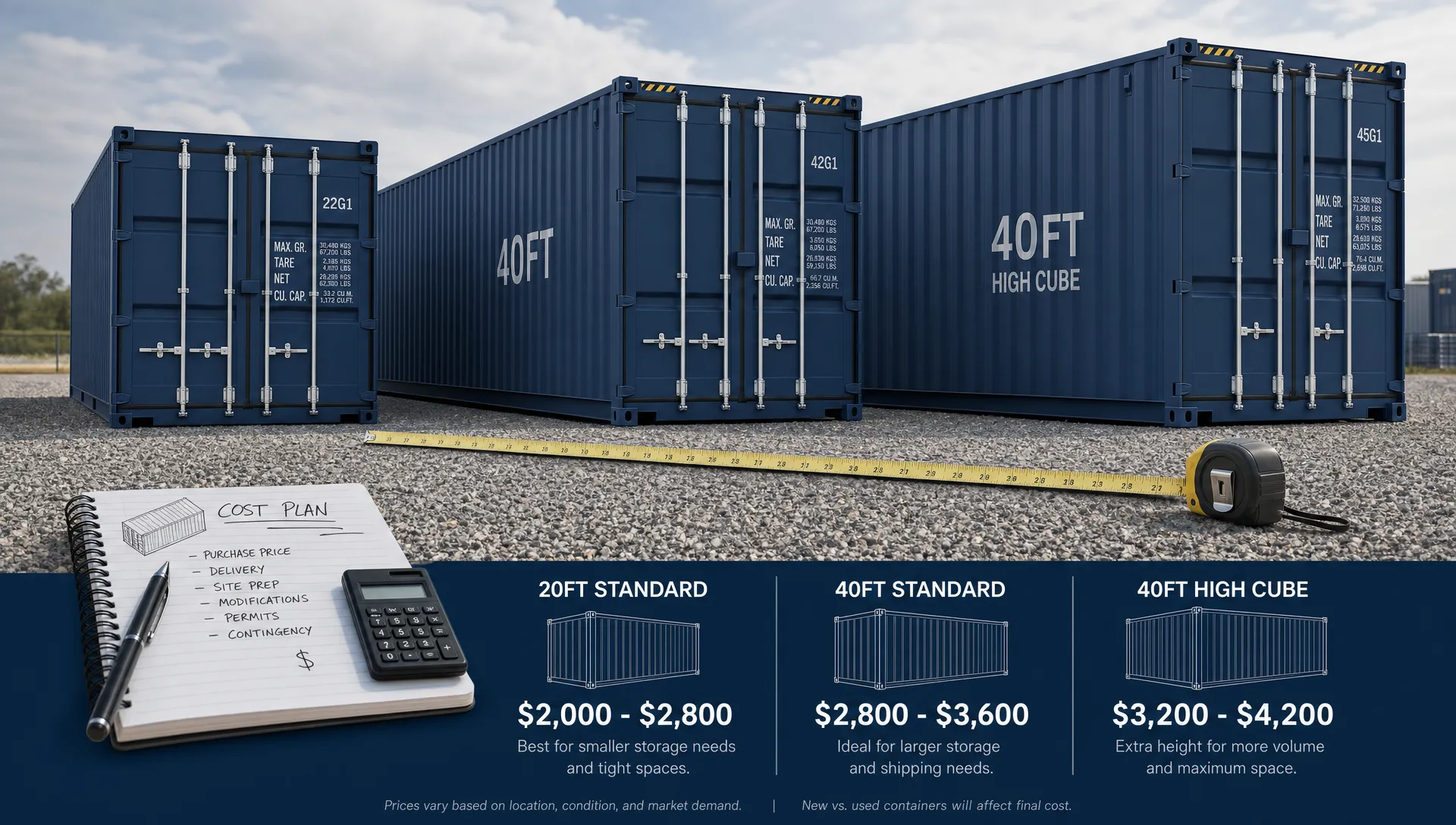 Shipping container how much price comparison showing 20ft, 40ft, and 40ft high cube containers lined up on a gravel lot beside a measuring tape and simple cost planning notes