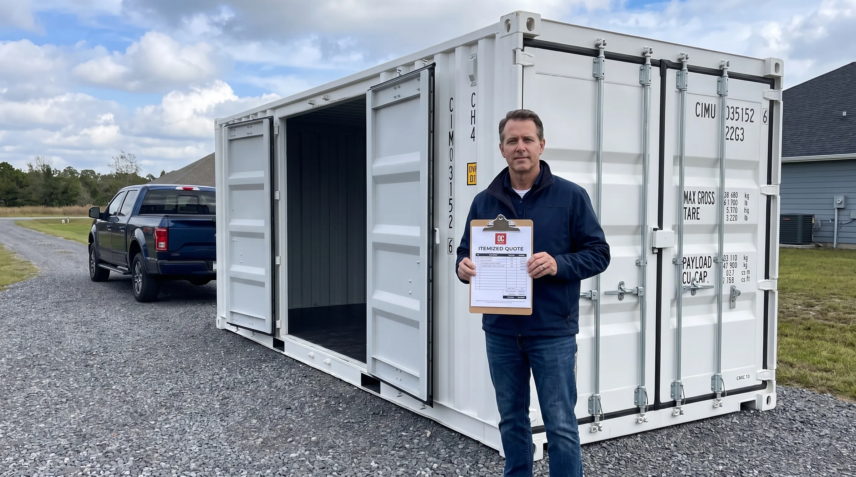 A buyer reviews a shipping container quote beside a white 20ft container and delivery truck.