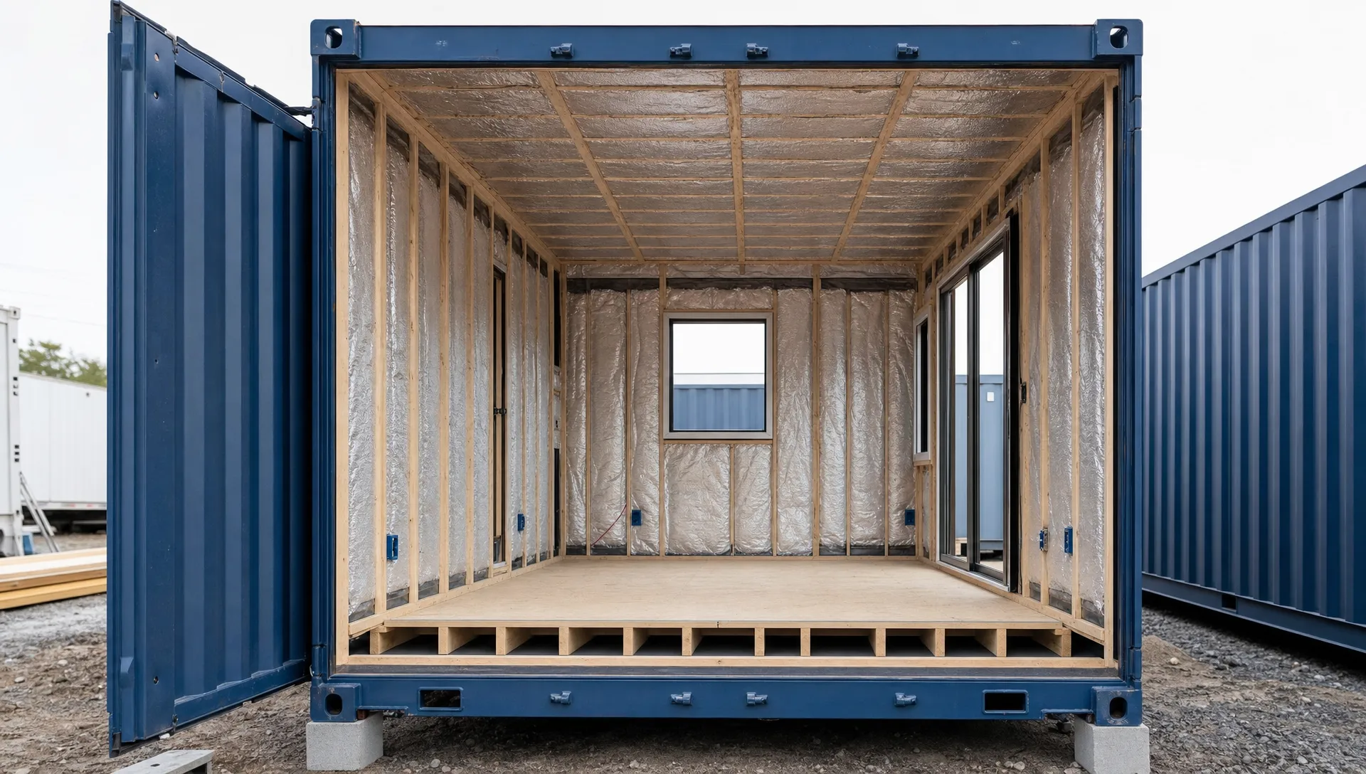 A partially finished high cube shipping container home shows insulated framing, a raised floor, and a ceiling assembly inside the shell.