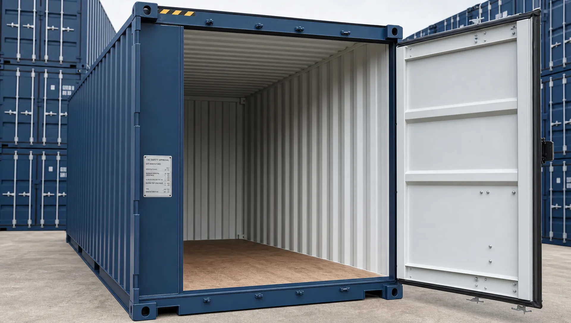 An open steel cargo container at eye level with one door swung wide, showing the door seals, plywood floor, corner posts, and data plate being inspected before purchase.