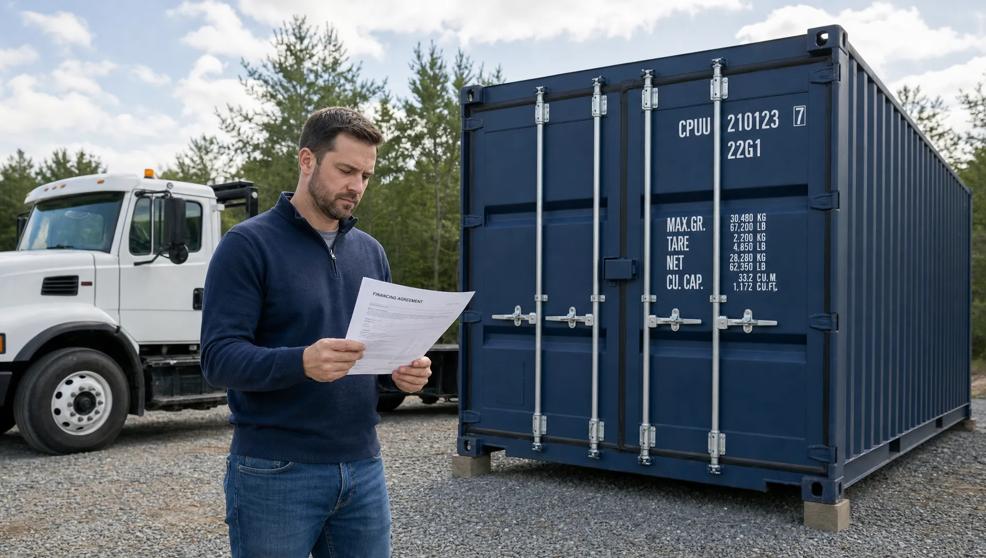 A buyer reviews financing paperwork beside a 20-foot shipping container on a gravel pad, with a delivery truck parked nearby.