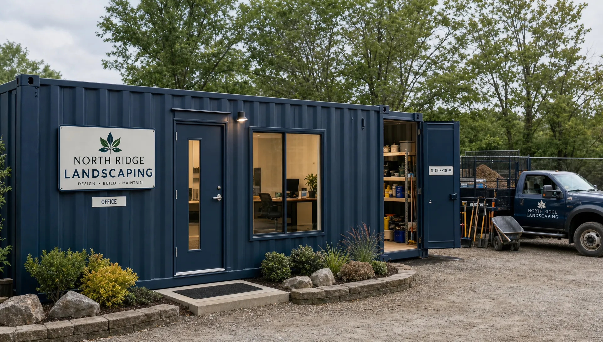 A storage container office at a small landscaping business has a pedestrian entrance, a desk visible through a window, a stockroom door and parking by the loading area.