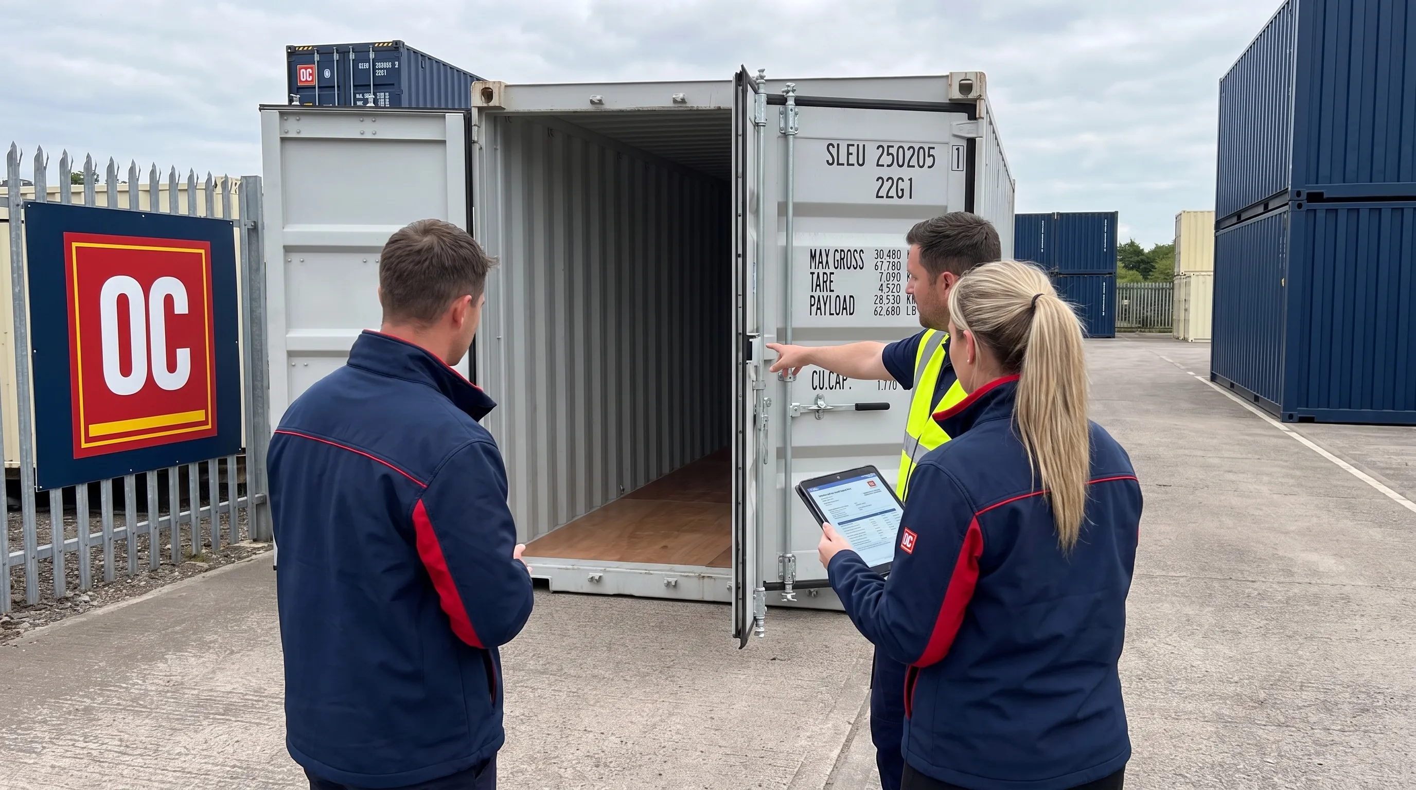 A buyer and delivery coordinator review a 20ft shipping container beside a clear access lane and open door space.
