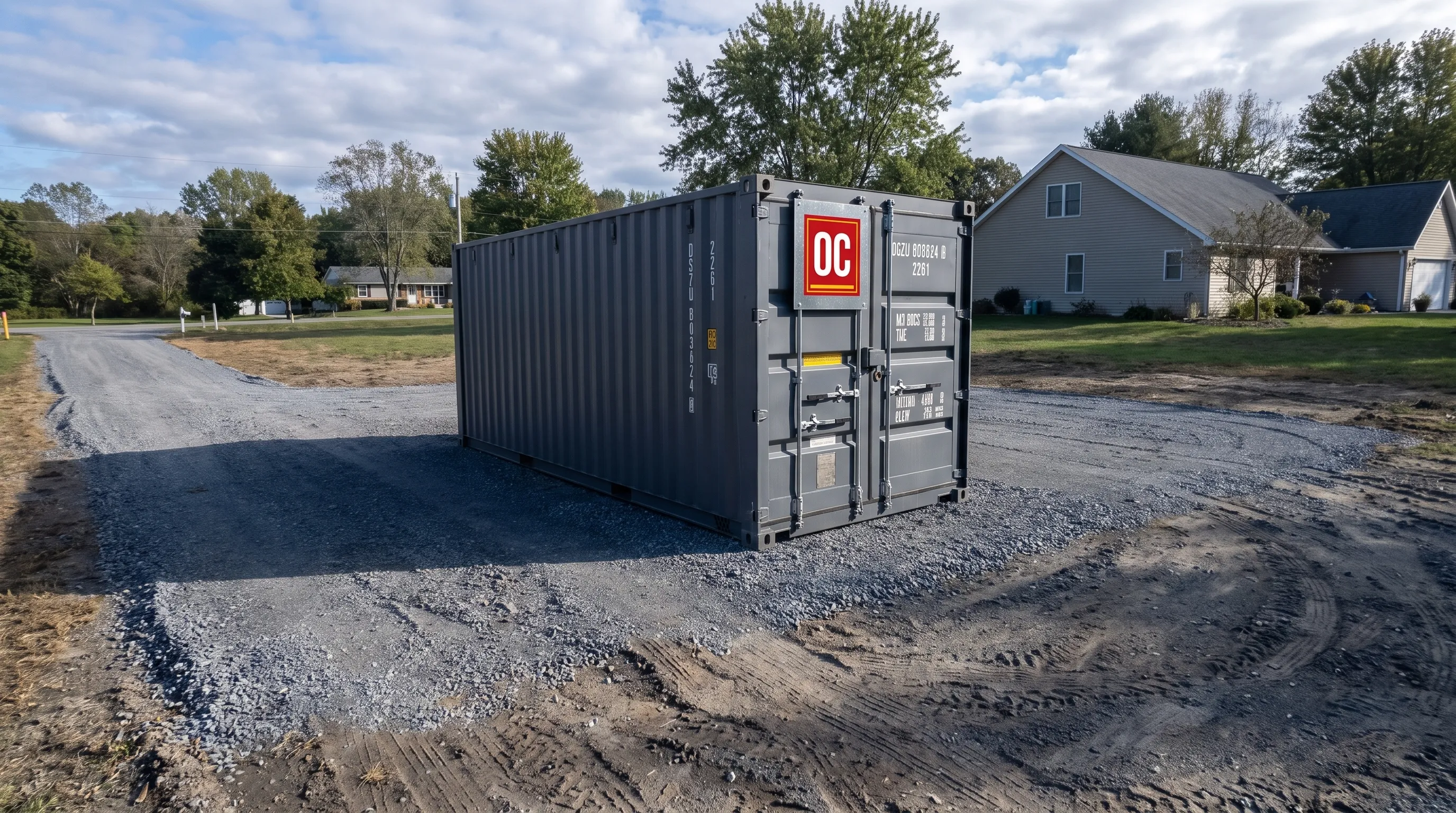A gray 20-foot shipping container sits on a gravel pad with clear truck access, showing site conditions that affect the cost of a 20 foot shipping container.