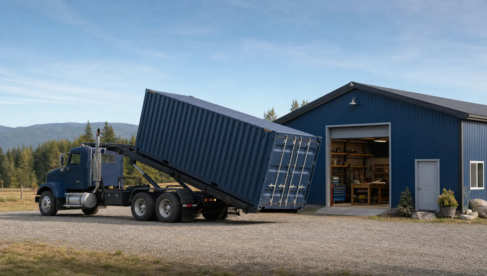 A tilt-bed truck sets down a shipping container beside a rural workshop on a level gravel pad.