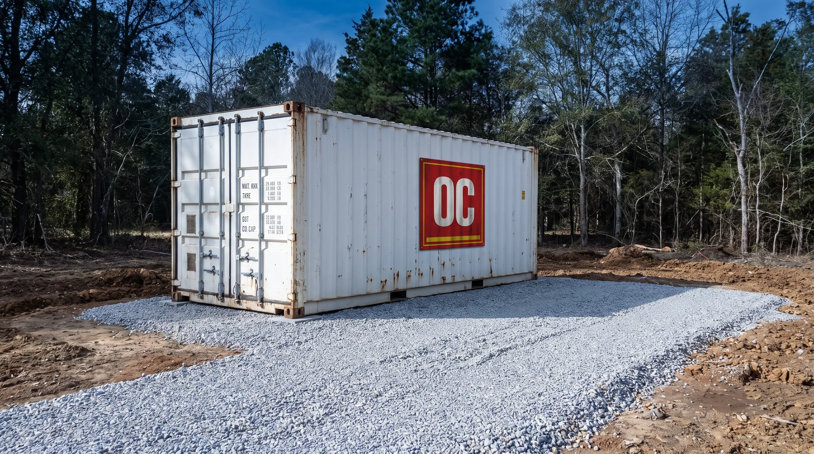A white standard-height 20ft container sits on a prepared gravel pad beside a clear delivery approach, illustrating the unit and site details to confirm in a quote.