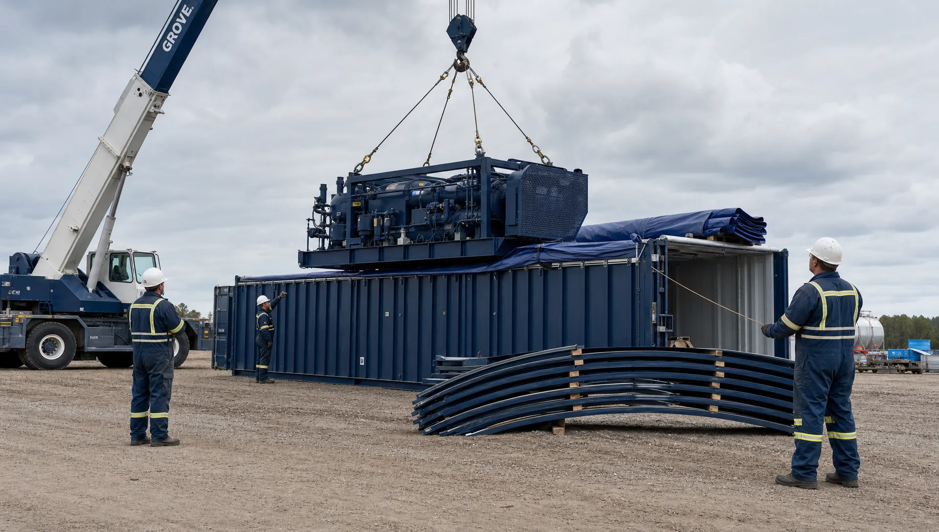 A crane lowering oversized industrial equipment into an open top container at a rural work yard, with the tarp rolled back, roof bows stacked beside the container, and workers guiding the load from a safe distance.