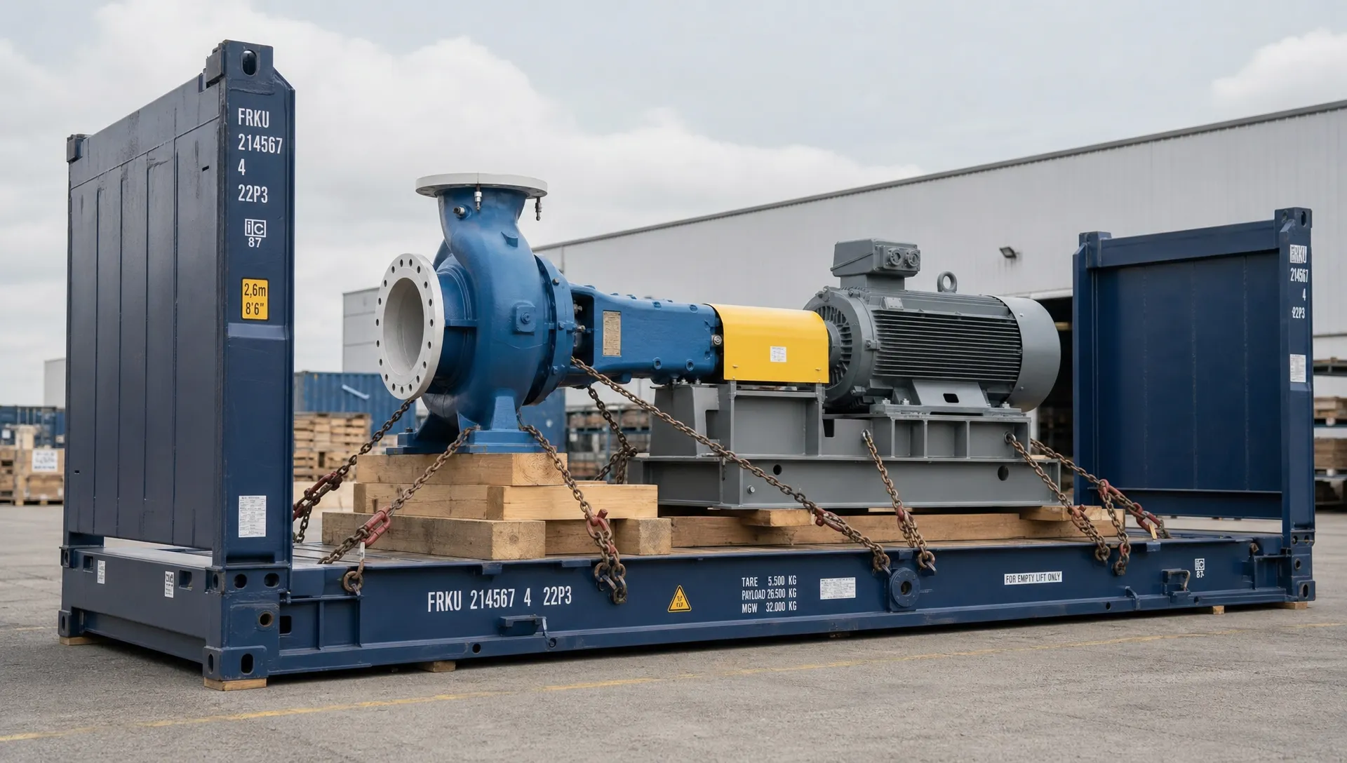 A flat rack shipping container carries an industrial pump assembly on timber supports, with chains attached to lashing points and end frames visible at both ends.