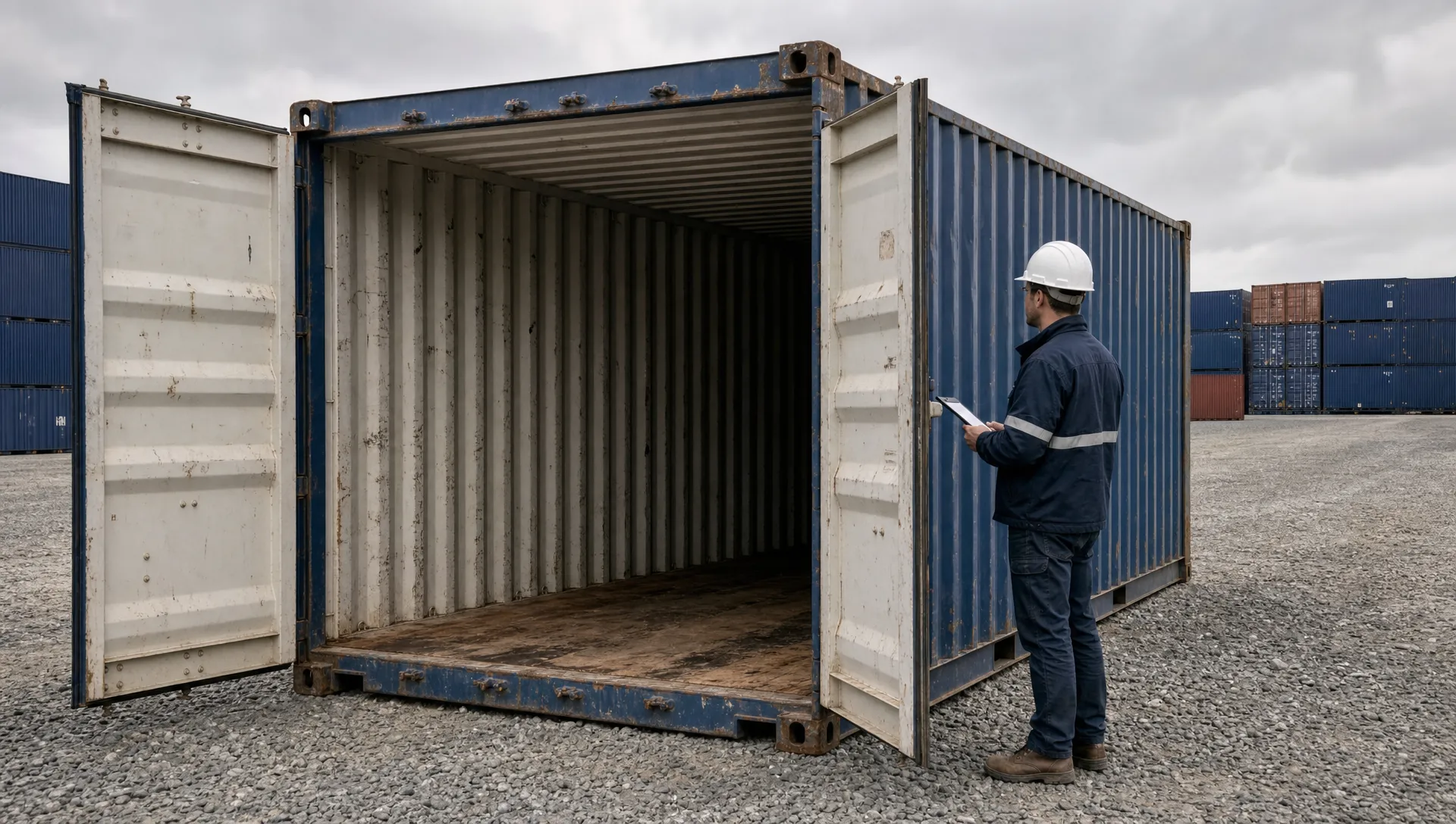 A used shipping container is inspected in a gravel yard, with its open doors, floor, corner posts, and roof wear visible.