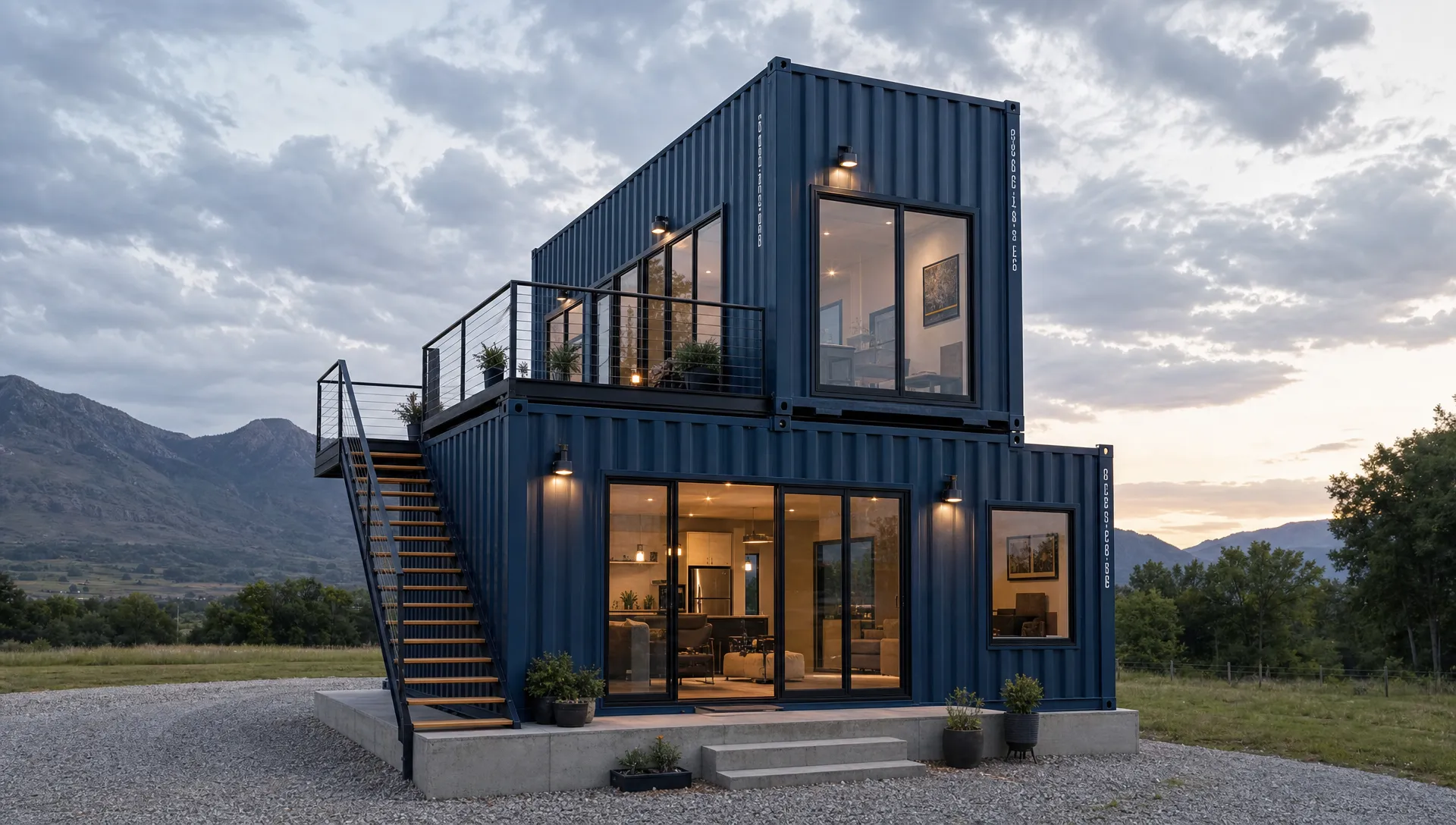 A finished 40 ft high cube container home sits on a simple foundation with large windows, exterior stairs, and a gravel driveway on open land.