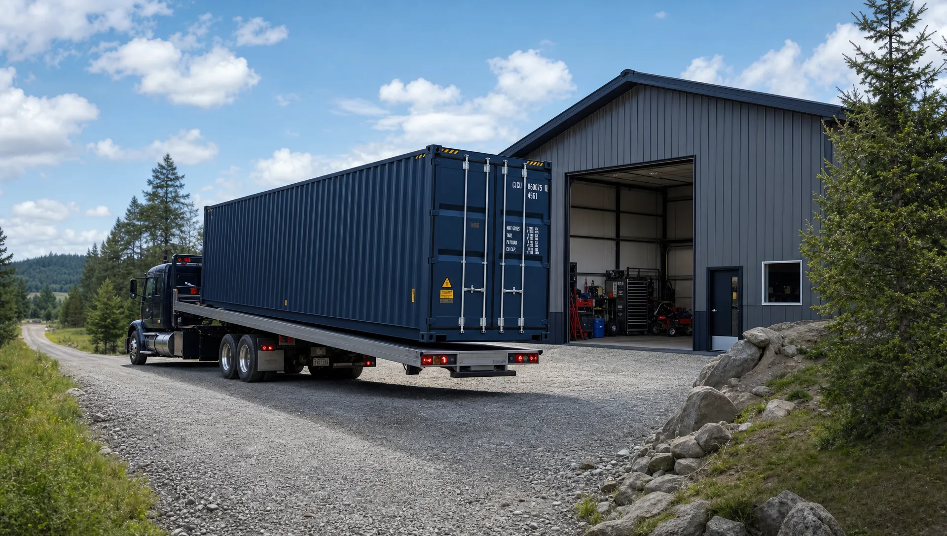 A 40ft container being delivered by a tilt-bed truck onto a level gravel pad beside a rural workshop, with the truck lined up on a straight driveway approach and the doors facing the placement area.