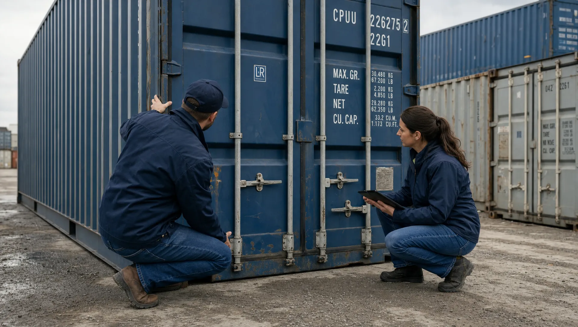 Two adults inspect a ground-level used shipping container’s door seals and markings at a yard, with other containers parked nearby.