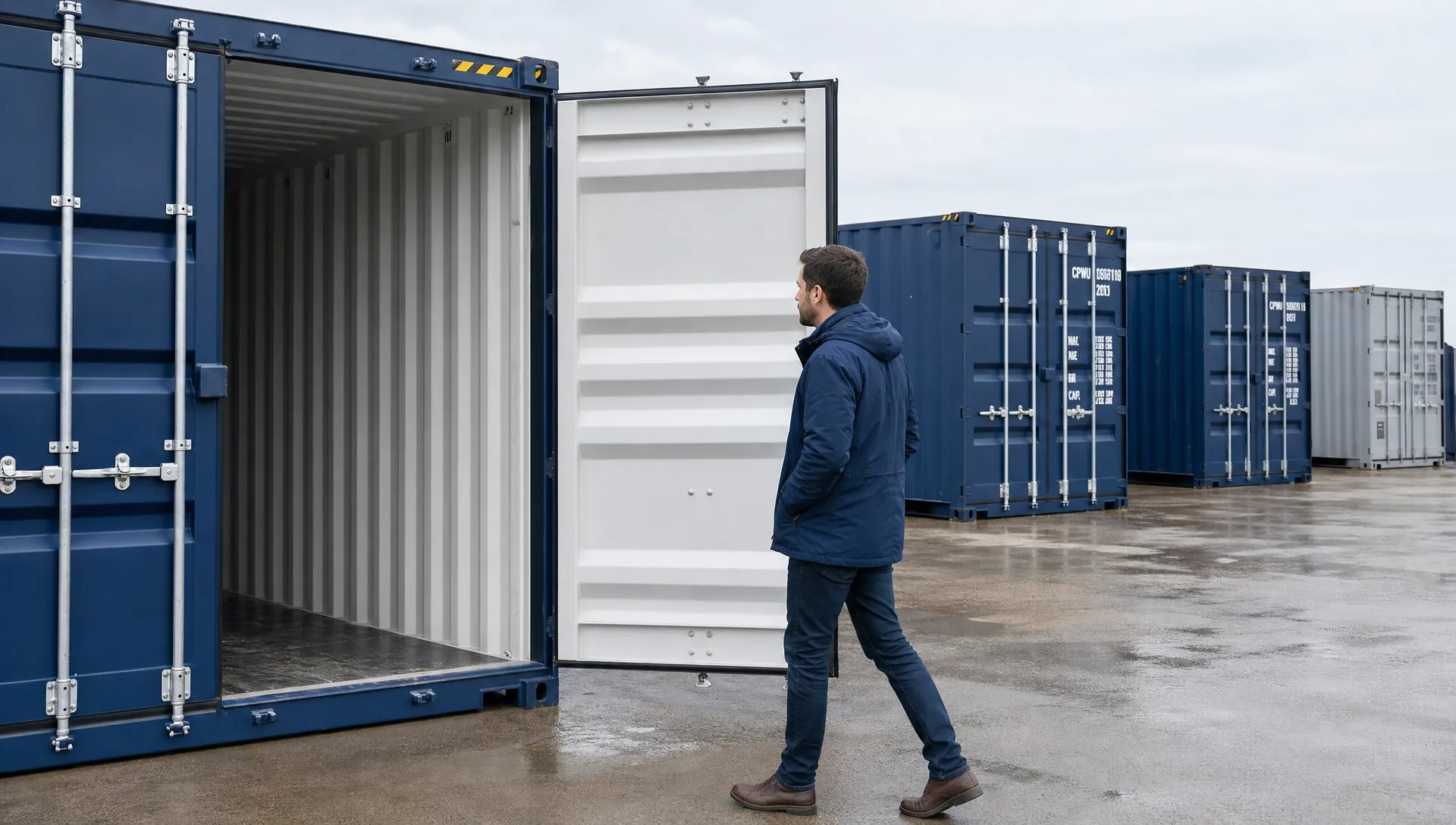 A first-time buyer walking through a container yard and checking an open conex container, with the open unit in the foreground and several other steel cargo containers spaced behind it for comparison.