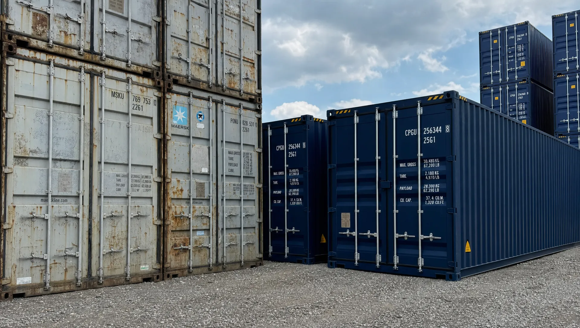 New shipping containers beside weathered used shipping containers in a gravel yard, with visible doors, corner castings, lock rods, and high cube units in the background.
