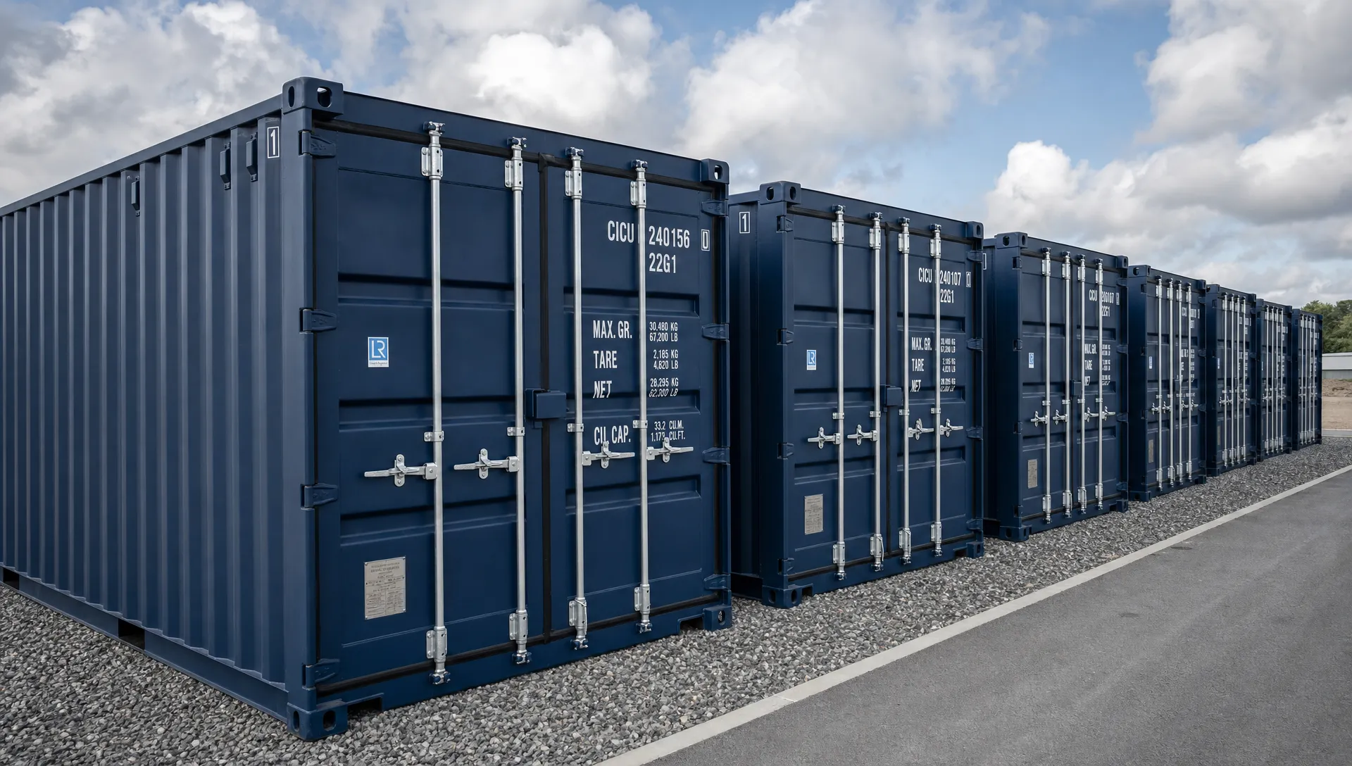A row of one-trip shipping containers stands on a gravel lot beside a delivery lane, with doors and corner castings visible.