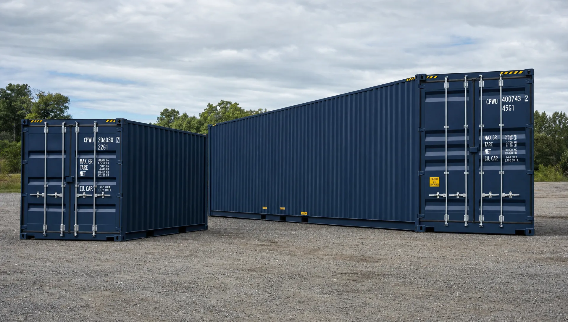 A 20ft standard container beside a 40ft high cube on a level gravel site, showing the length and height difference in international shipping container sizes.