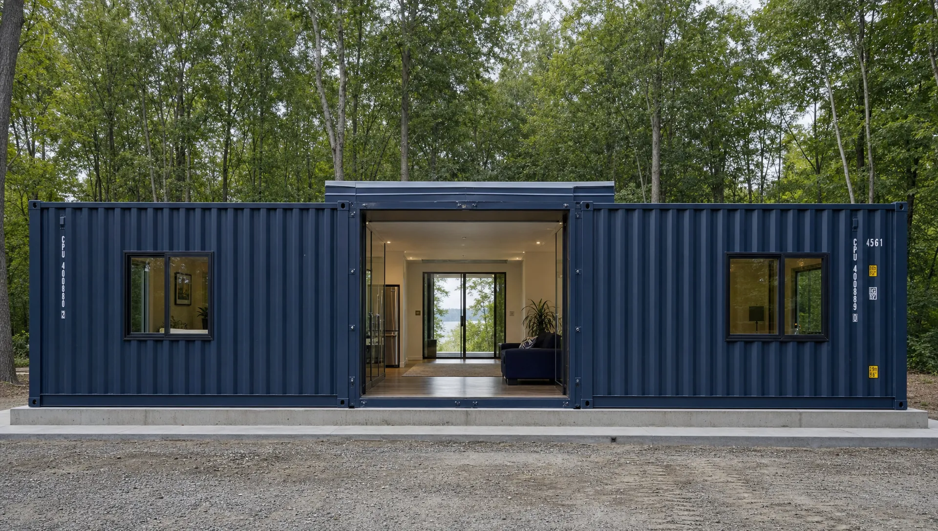 Double wide shipping containers joined side by side on a prepared foundation, with a reinforced center opening and roof flashing visible between the modules.