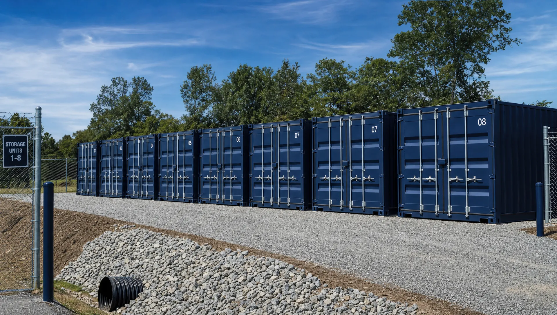 Eight shipping container storage units line a level gravel drive with lockboxes, fencing, and drainage sloping away from the containers.