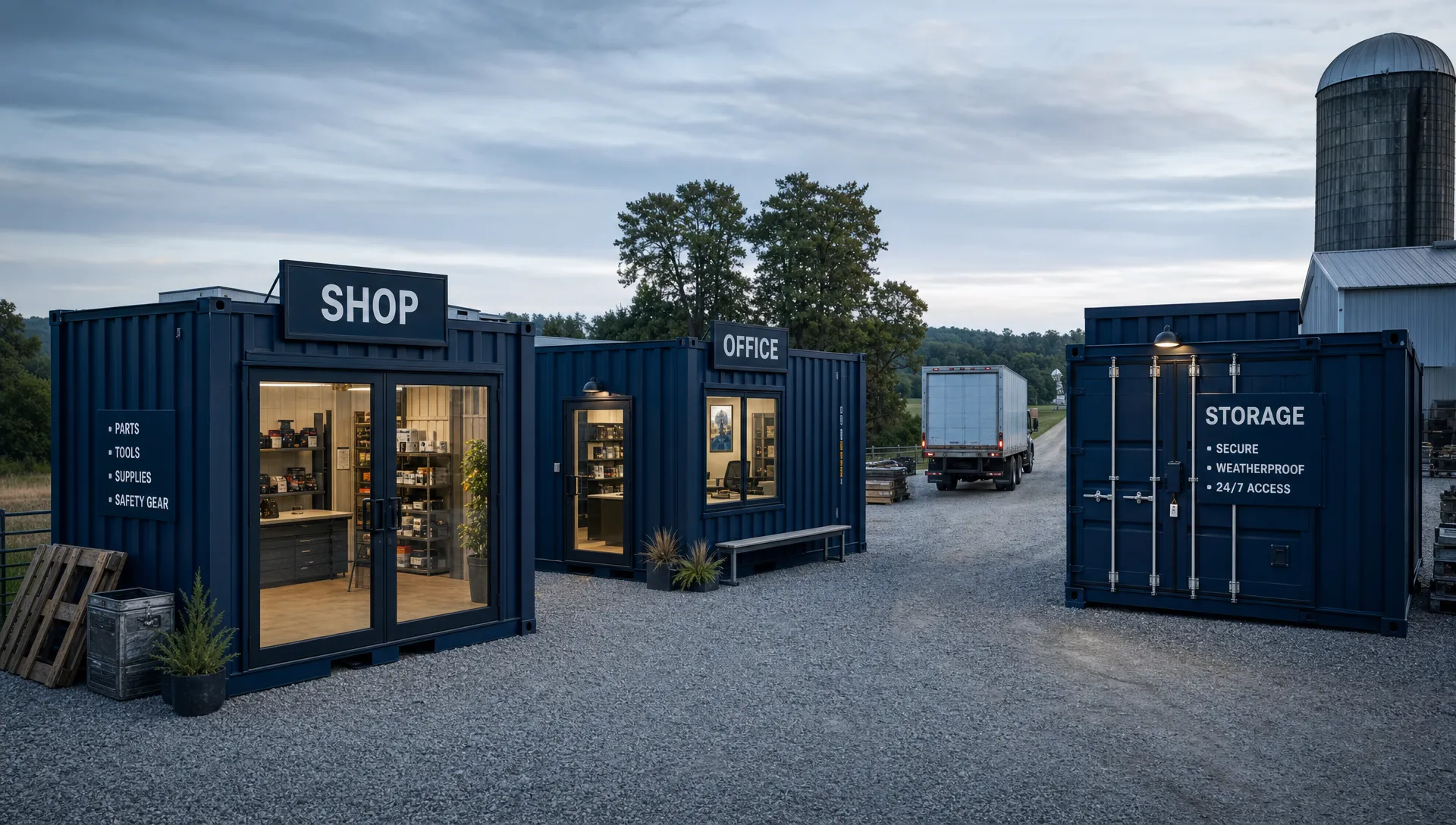 Shipping container buildings arranged as a small retail shop, work office, and secure storage unit outside a rural business yard, with the buildings grouped around a gravel pad and a delivery lane visible between them.