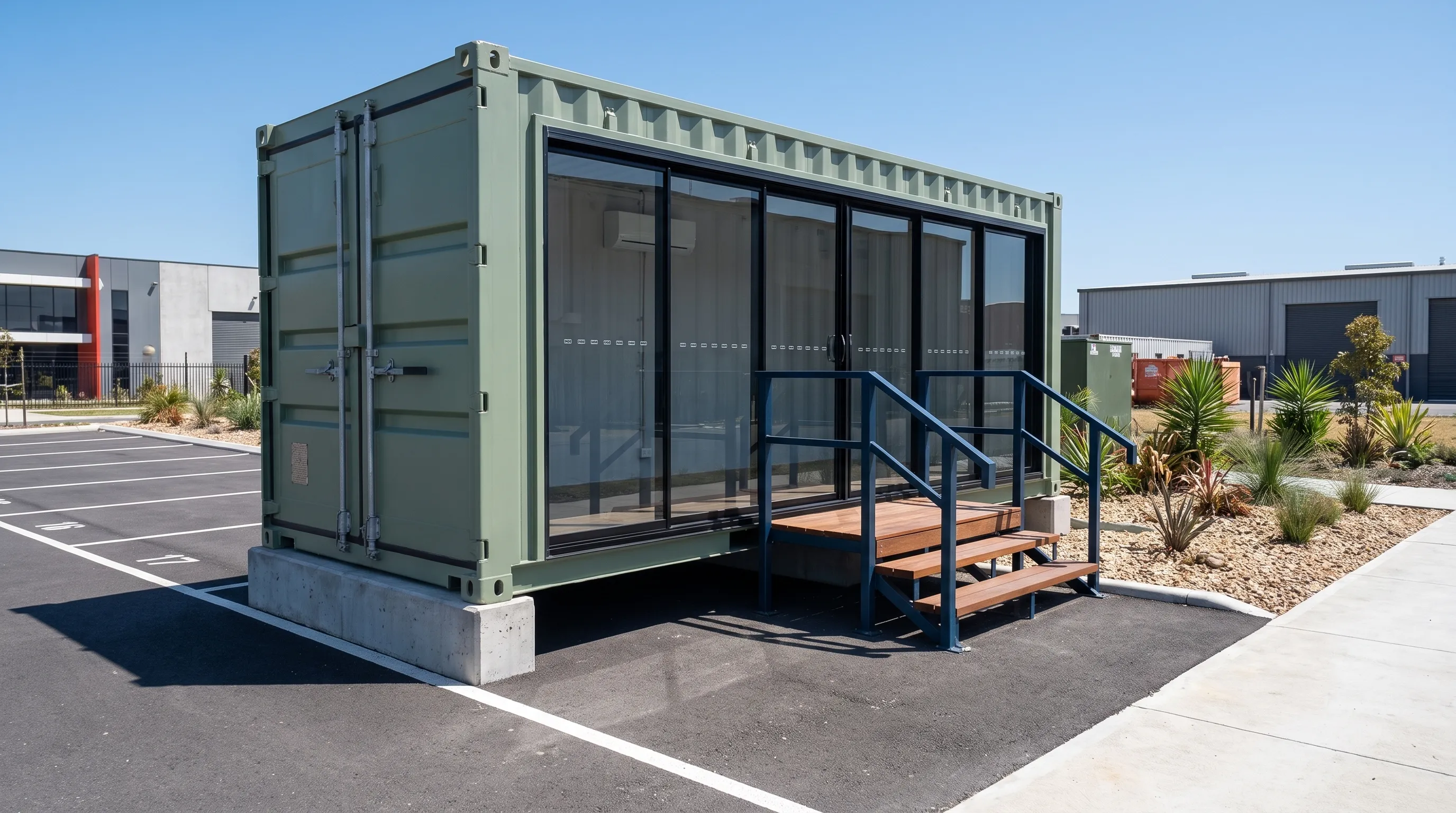 Exterior view of a converted shipping container office with a glass door, accessible steps, foundation supports and a clear delivery lane.