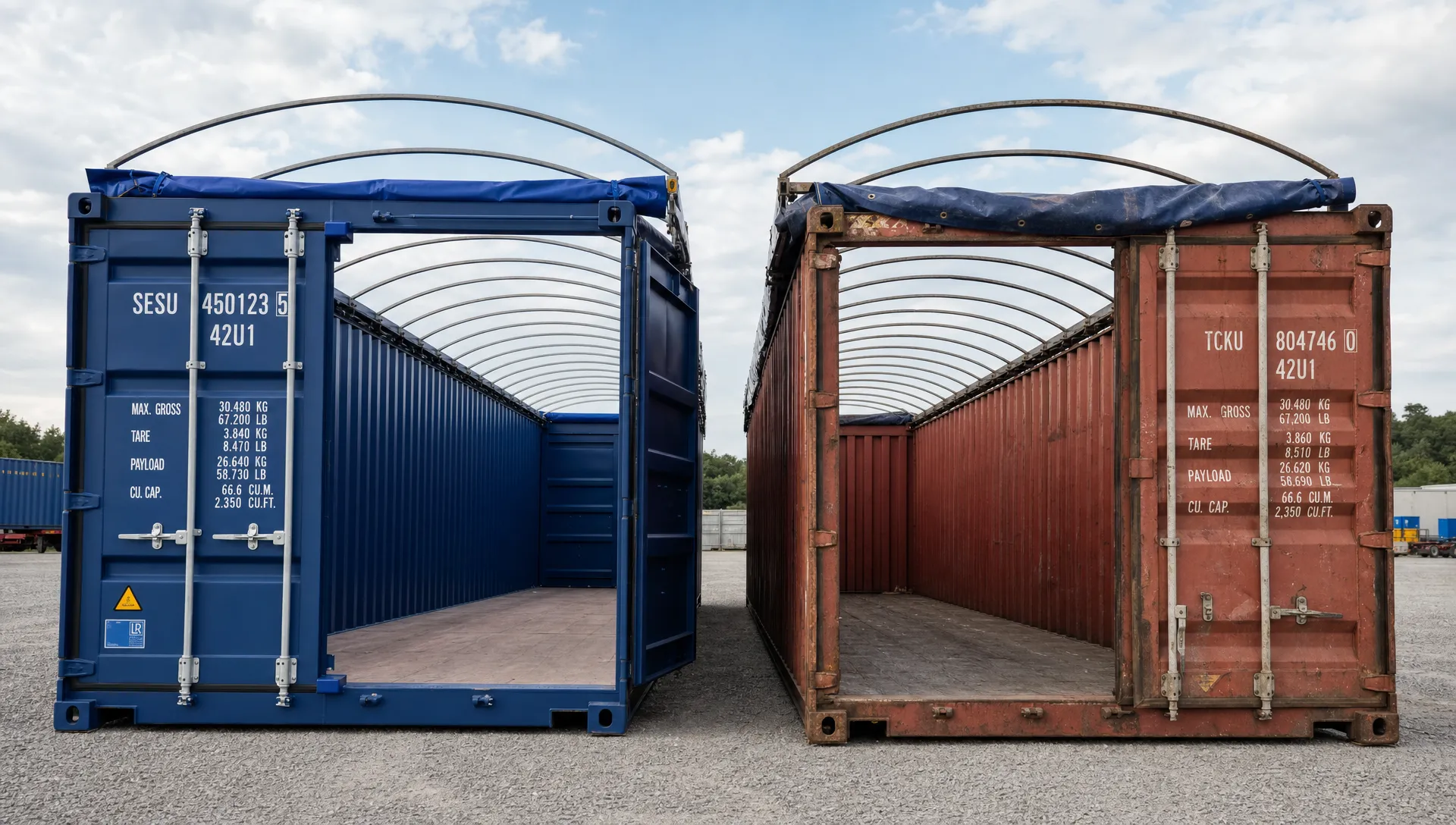 A new blue open top shipping container and a used red open top container side by side on a gravel yard, with the tarps folded back and the roof bows visible for inspection.