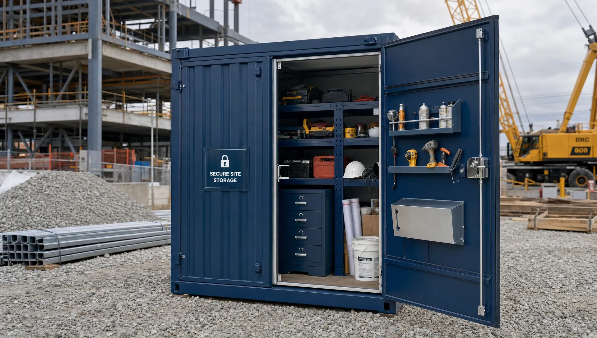 Building site containers used for secure job site storage with steel doors, lockboxes, shelving, and construction materials organized inside a container on a level gravel pad.