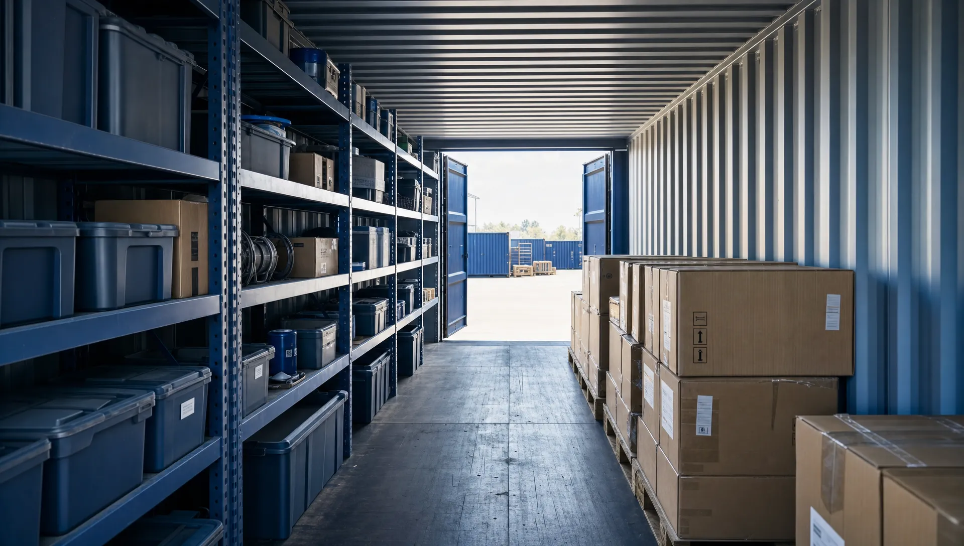 Interior of a shipping container for equipment and inventory, with plain bins on shelves, cartons on pallets, and a clear aisle to the open doors.