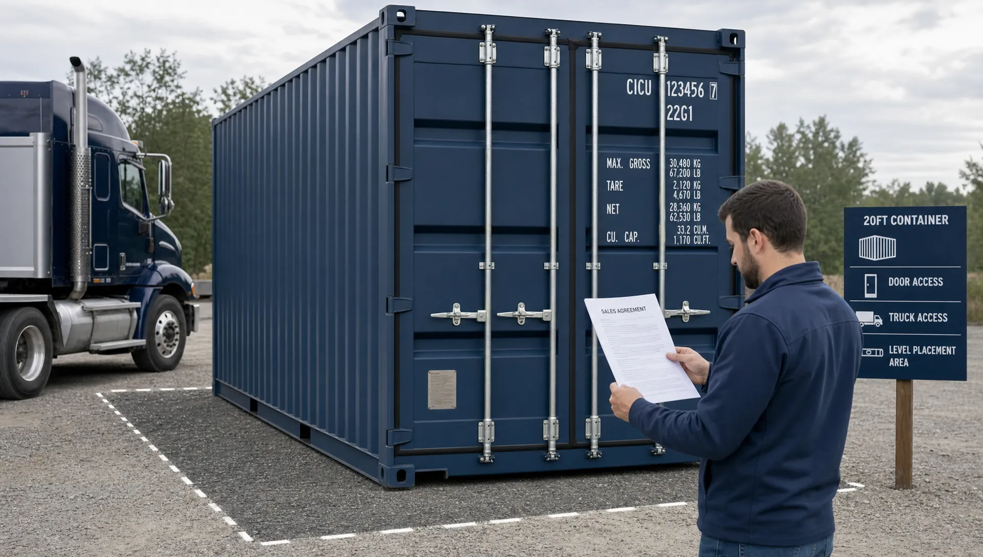 A buyer reviews a printed sales agreement beside a 20ft shipping container, with the door markings, truck access, and level placement area visible.